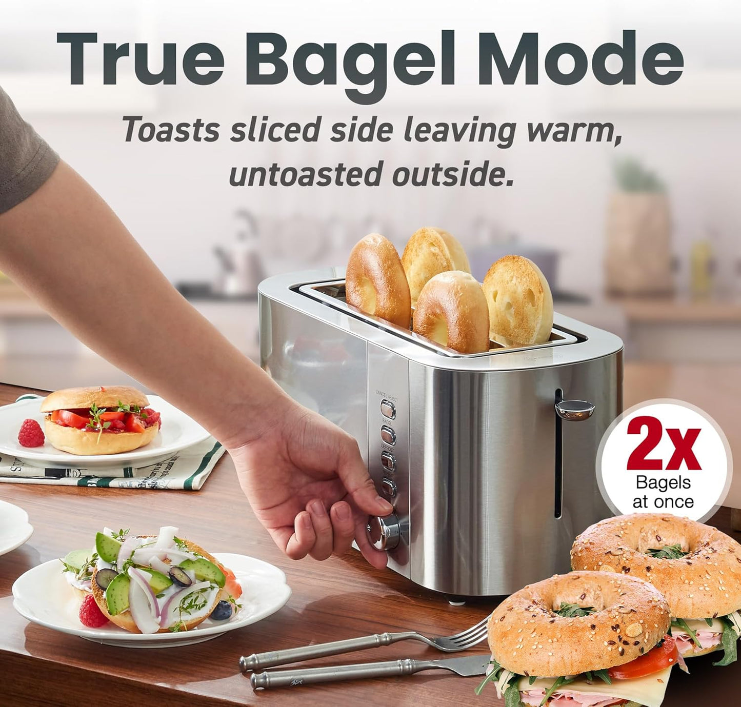 Elite Gourmet ECT4123X Long Slot 4 Slice Toaster, Extra Wide 1.5" and 5.1" Deep Slots, Bagel, Defrost & Cancel Functions, 6 Toast Shade Settings, Fits Bagels, Waffles, Artisan Breads, Stainless Steel