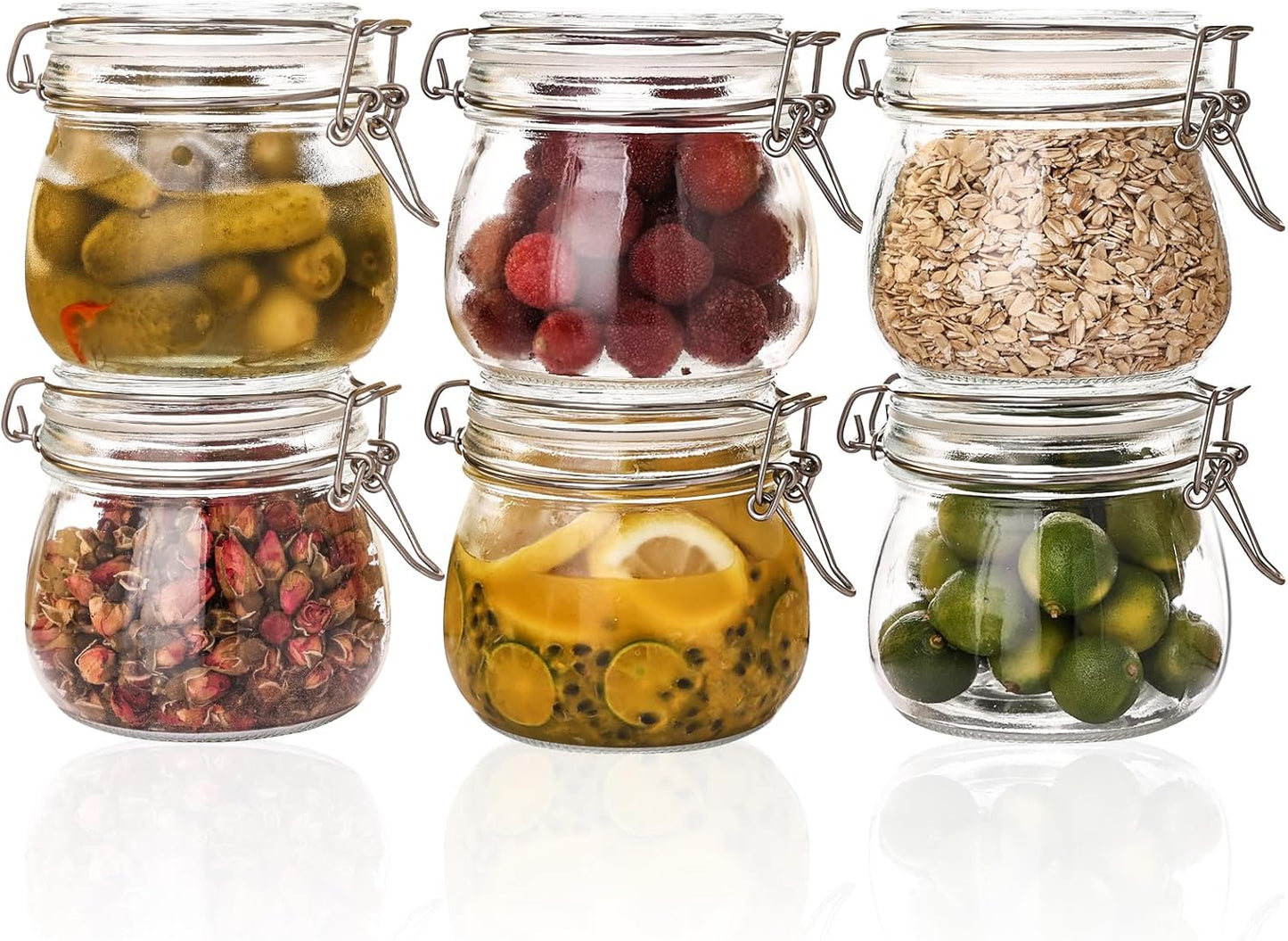 16oz - 6 Pack Round Glass Jars with Airtight Lid, Wide Mouth Mason Jars with Clamp Lids, Air Tight Glass Canisters, Food Storage Containers for Cereal, Pasta, Beans, Sugar, Coffee, Spice