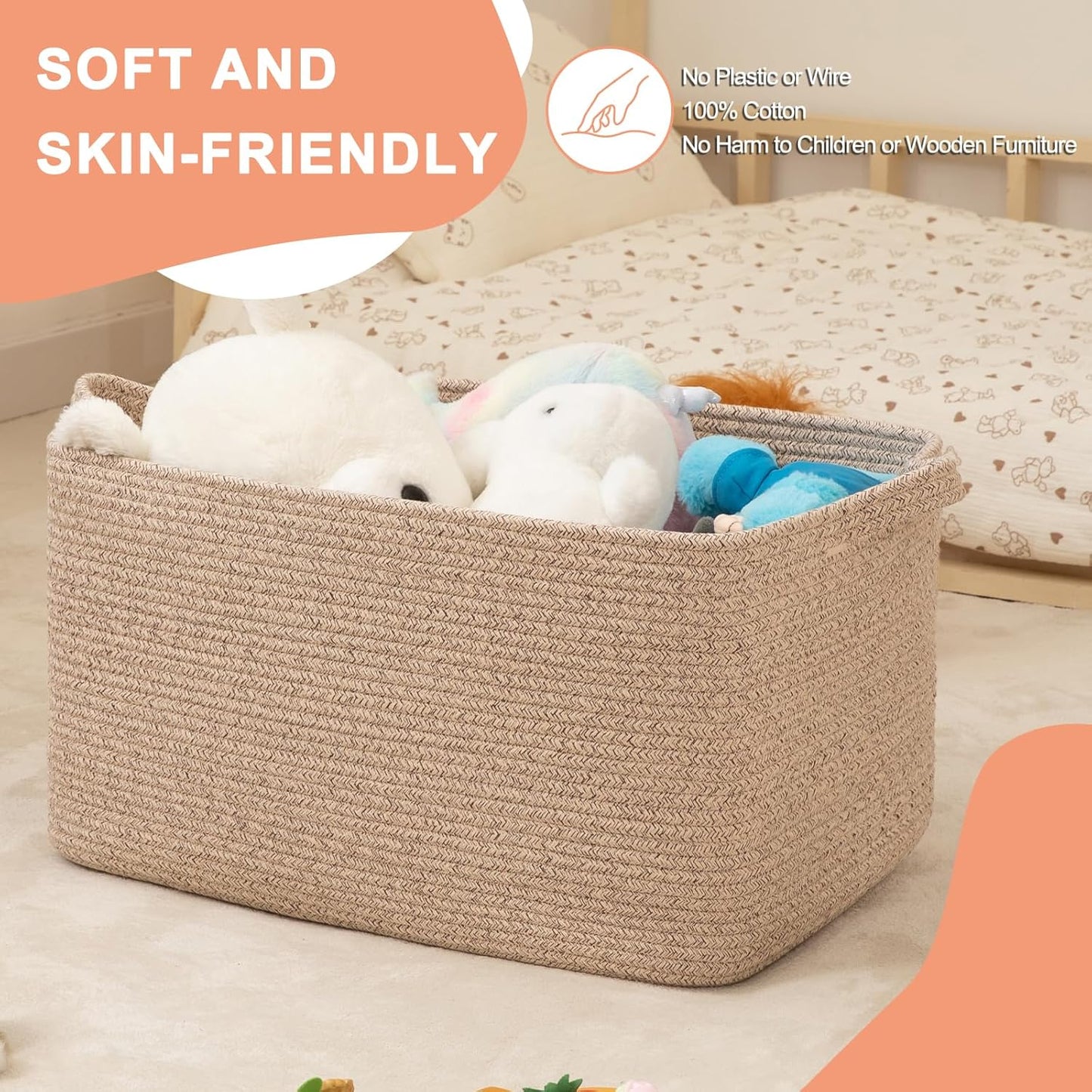 65L Large Storage Basket, Cotton Rope Woven Blanket Basket, Toy Storage for Baby Room, Living Room, Brown