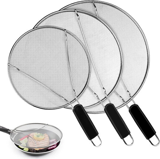 Splatter Screen for Frying Pan - 9.8" 11.4" 13" Stainless Steel Fine Mesh Grease Splatter Guard with Silicone Handle, Hot Oil Splash Guard for Cooking to Prevent Oil Splatter, Safe Cooking