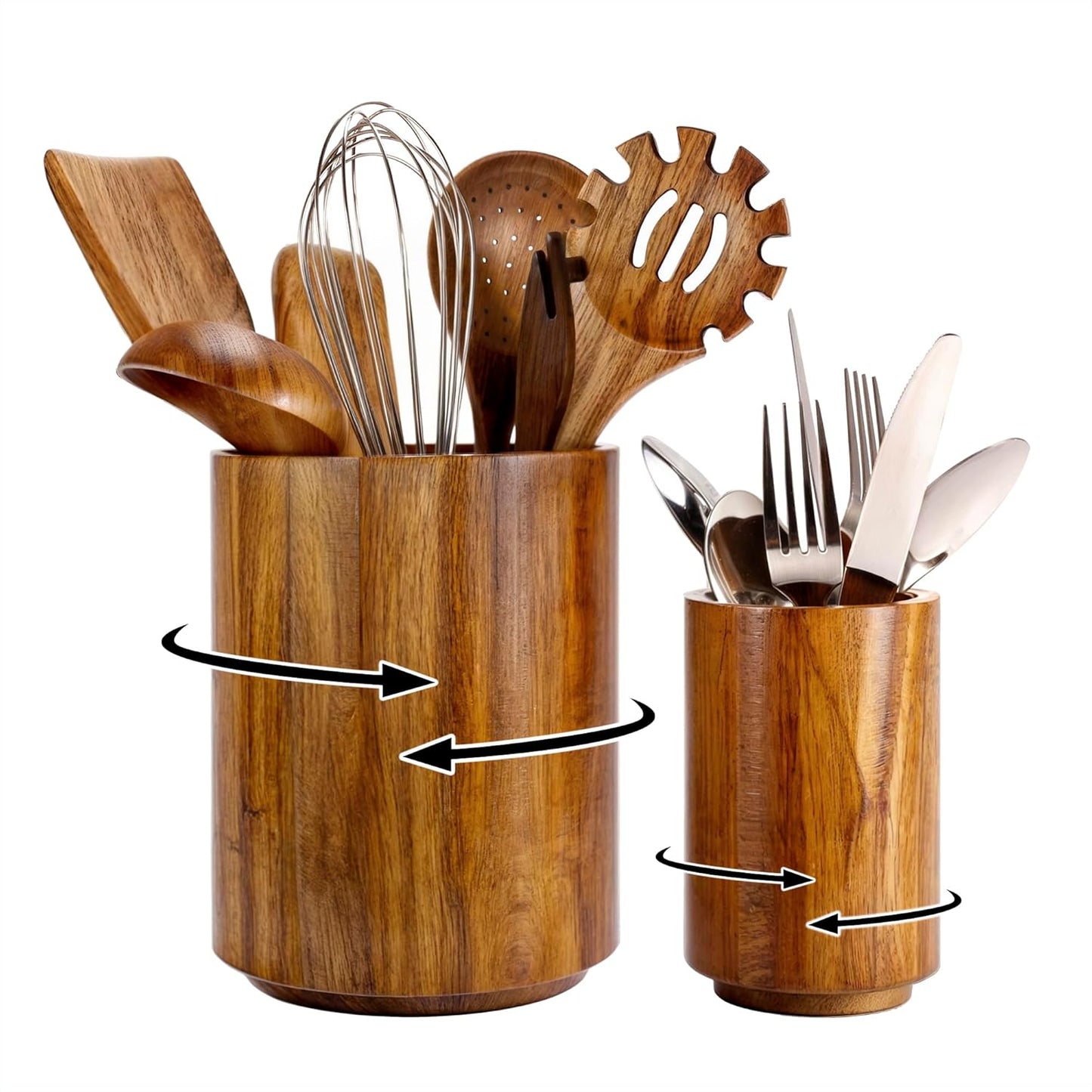 Large Acacia Wood Utensil Holder for Kitchen Counter, 360° Rotating Kitchen Utensil Holder, Set of 2 (7.9" & 5.9"), Rustic Farmhouse Decor Accessories
