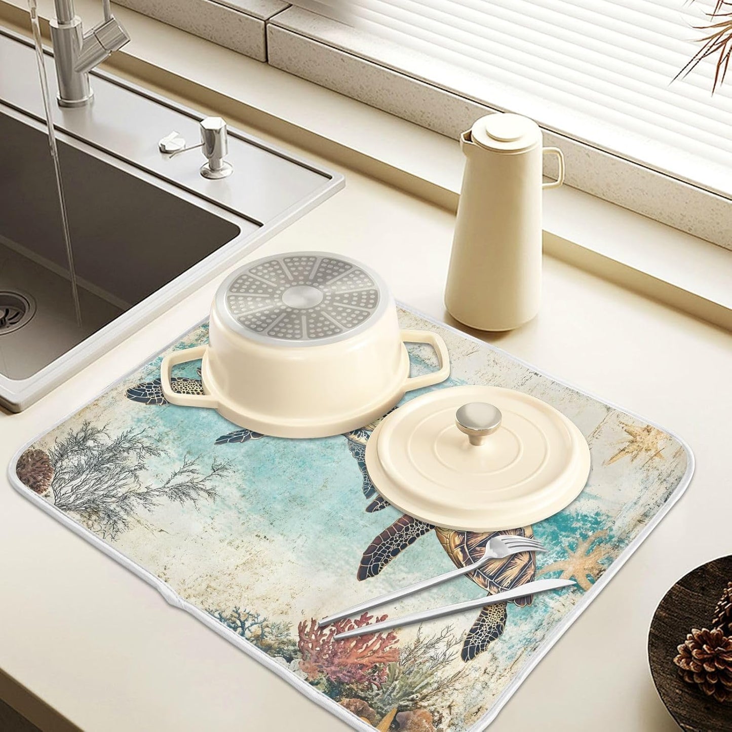 Vintage Ocean Sea Turtle04 Dish Drying Mat for Kitchen Counter Absorbent Microfiber Small Drying Pad Dish mats for Kitchen Countertops 16 x 18 Inch