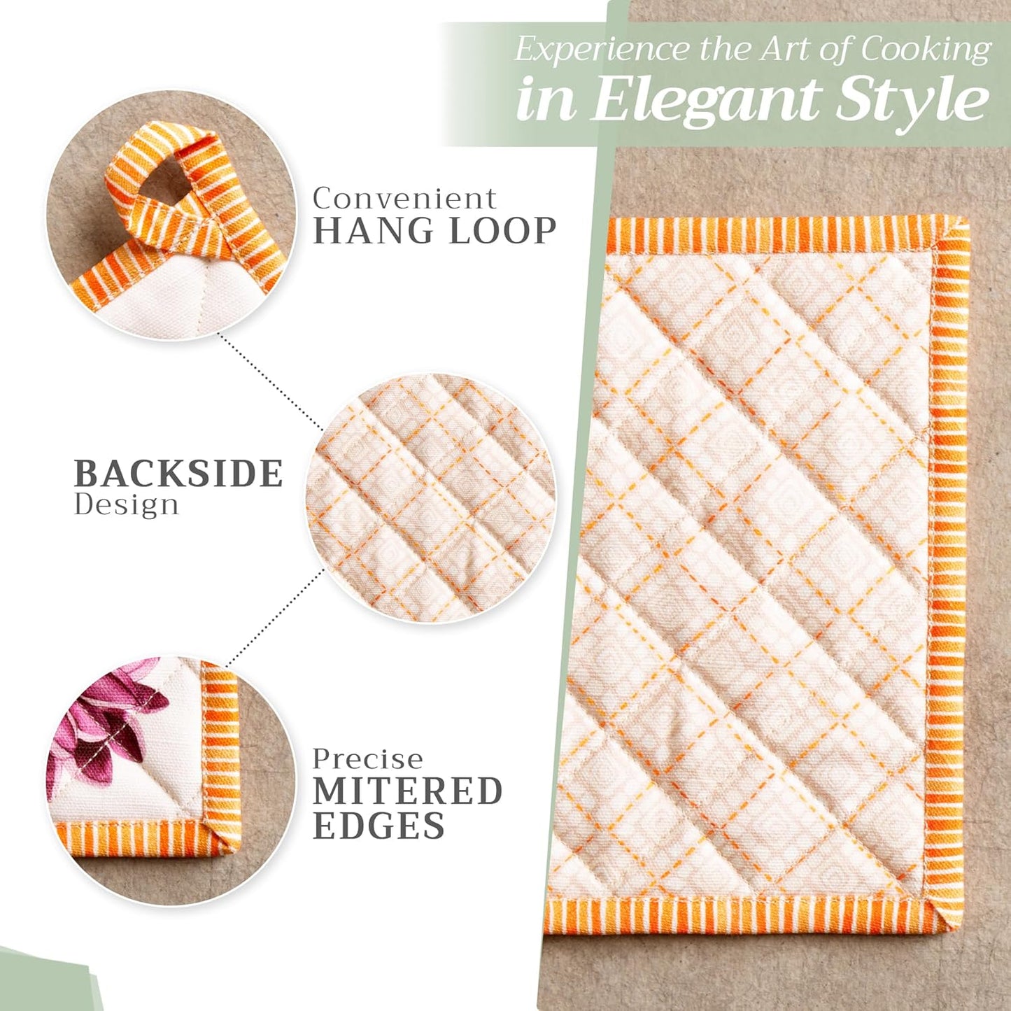 Maison d' Hermine Pot Holders 100% Cotton Heat Resistant Potholders 8" x 8" Hot Pads with Loop BBQ, Cooking, Baking, Grilling, Kitchen, Handling Hot Pans (Pack of 1, Pumpkin Garden - Cloudy Cream)