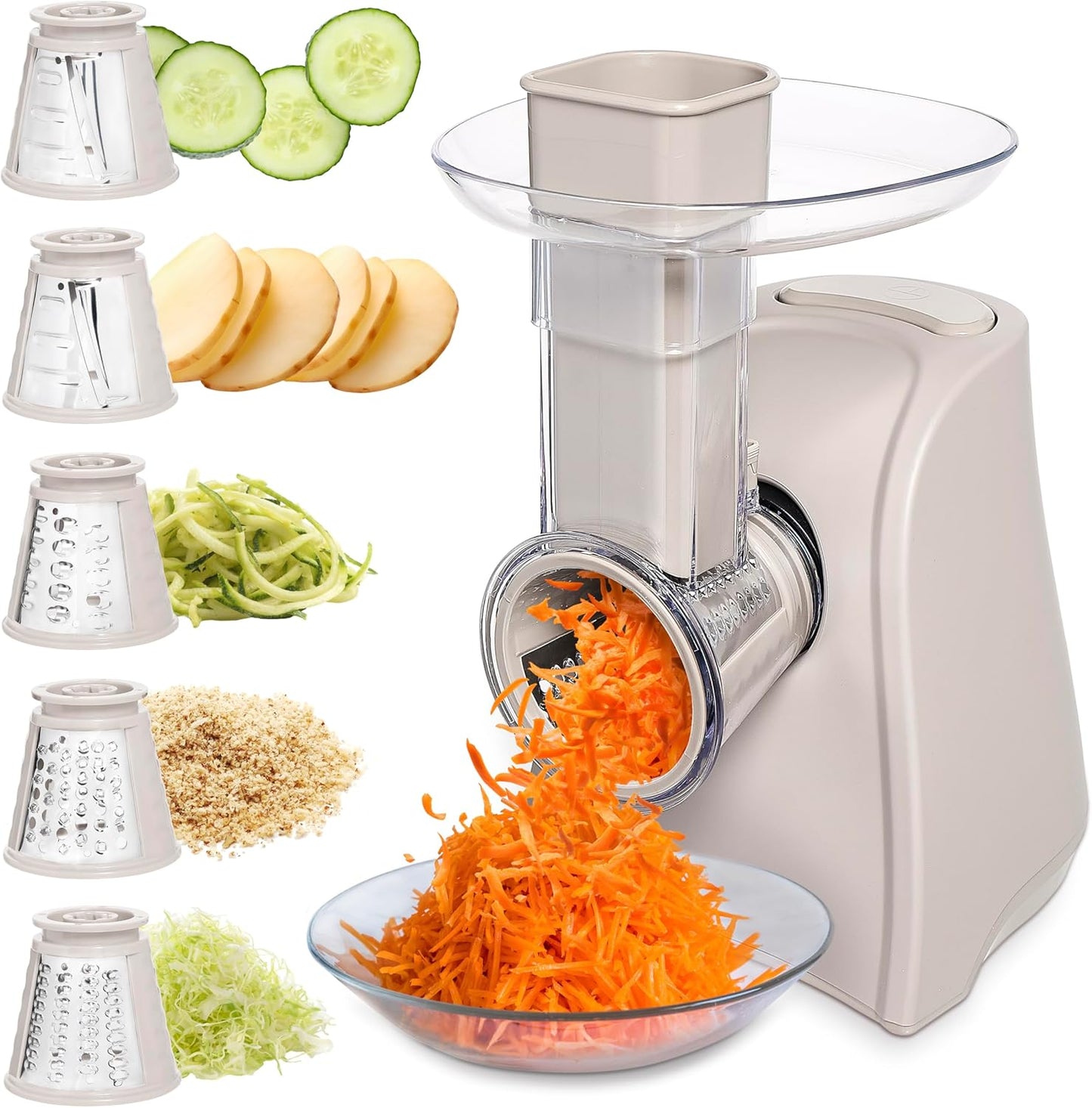 COOK WITH COLOR 5-in-1 Electric Slicer, 150W Food Prep Machine – Cheese Shredder, Fine & Coarse Graters, Potato Grater, Vegetable Slicer, Fruit, Salad Shooter, Compact Design for Bowl Prep, Sand