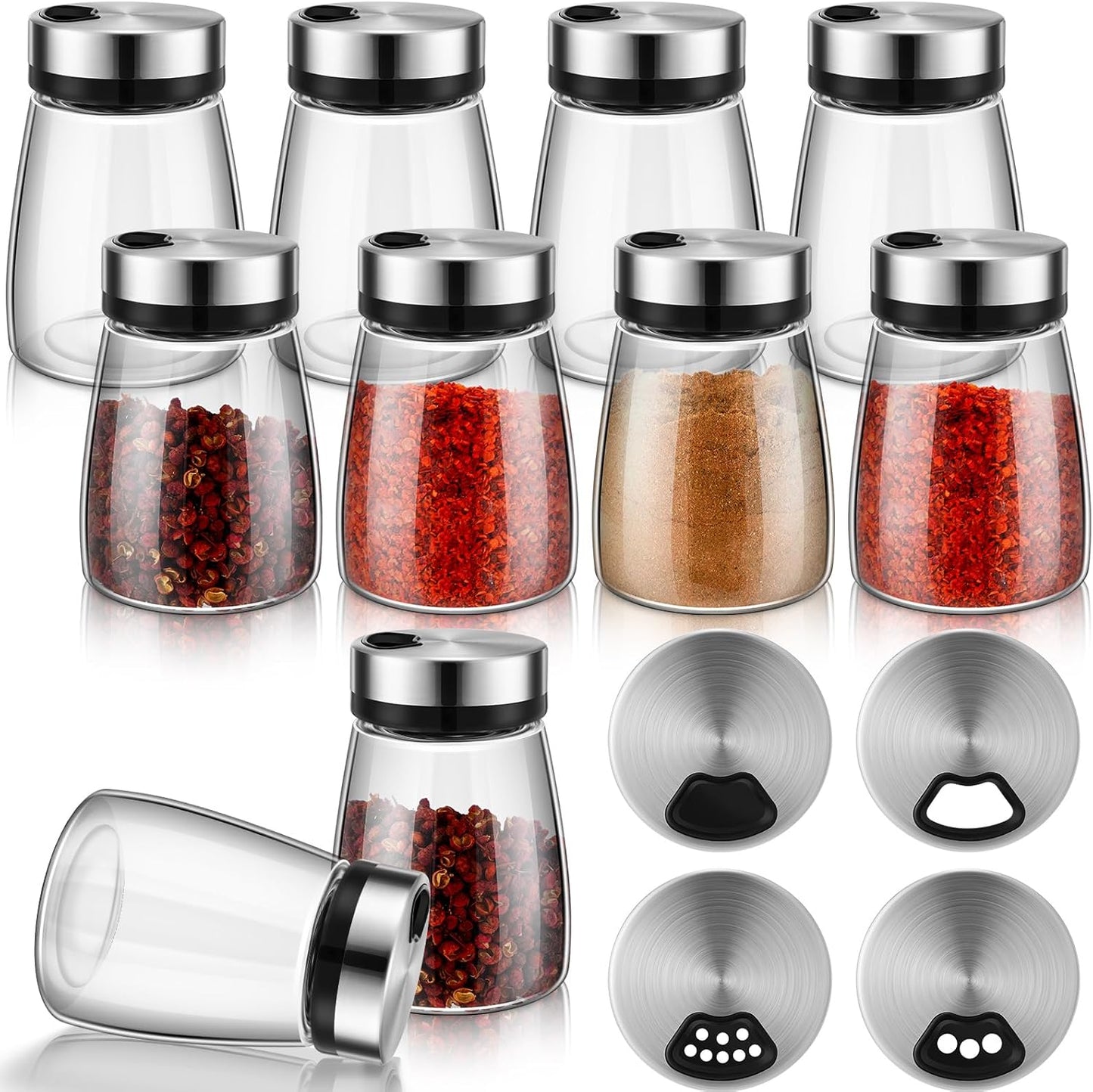 Zhehao 10 Pcs Salt Pepper Shakers Set with Adjustable Pour Holes Stainless Steel Spice Dispenser 6oz Clear Glass Seasoning Containers for Kitchen Restaurant Home BBQ Camping Farmhouse Accessories