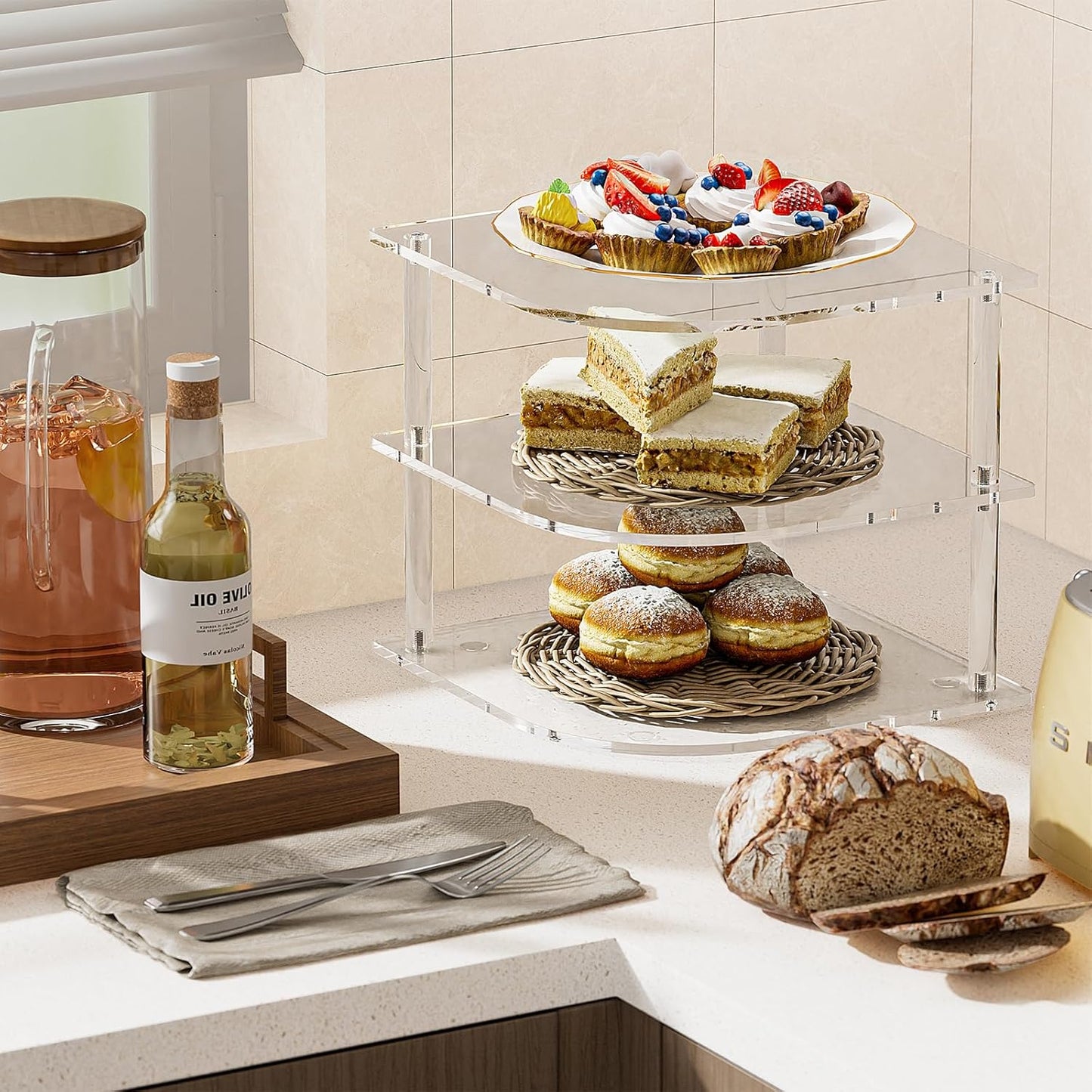 Plate Organizer for Cabinet Space Saver - Clear Acrylic Corner Shelf for Dishes, Bowls - 3-Tier Kitchen Cabinet Plate Organization, Dinner Plates Holder, and Small Shelf for Bathroom Storage