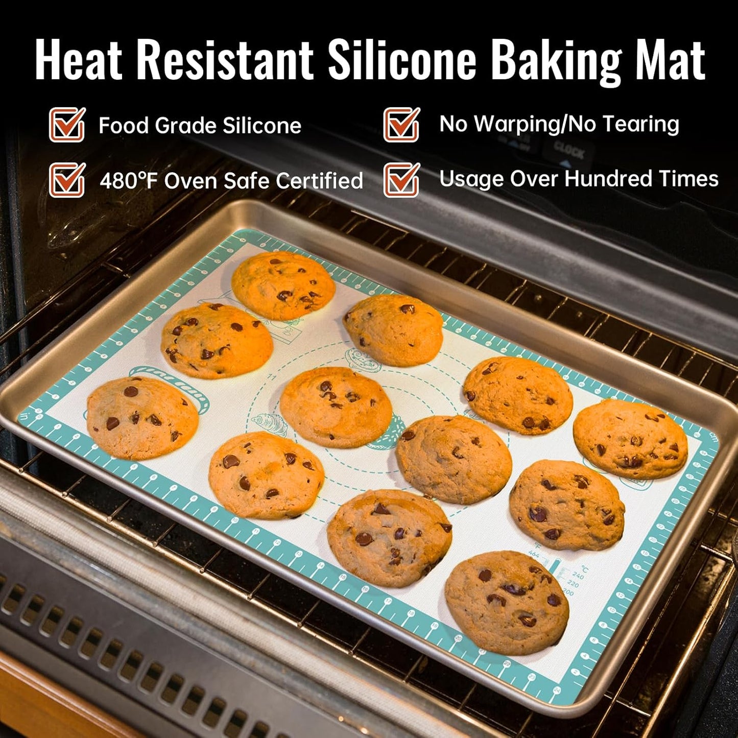 Non Stick Silicone Pastry Mat with 10 Quick Recipes ，Silicone Mat for Dough Rolling Baking Sheet for Cookies, Pizza,Bread, Surdough,Fondant Mat for Kitchen Counter, Extra Large and Oven Safe
