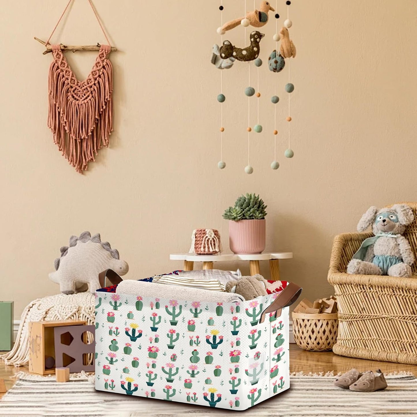 Desert Bloom Storage Basket Large 17x11.5x10.5 Inche-Collapsible Fabric Organizer Bin with Handles for Southwest Decor, Nursery, Boho Style-Decorative Hamper with Succulent & Flower-Single Pack