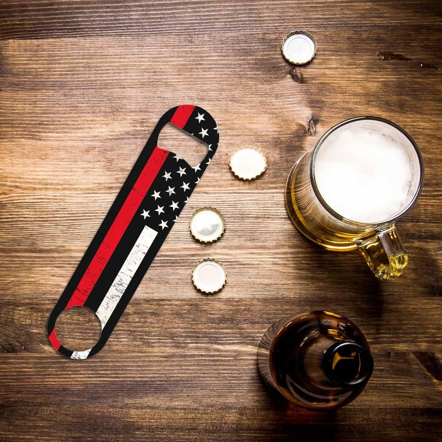 USA Flag Stainless Steel Bottle Opener American Flag Symbolic of Support for Firefighters Red Line Flat Beer Bottle Opener Keychain for Home Kitchen Bar Restaurant Party Birthday Gift