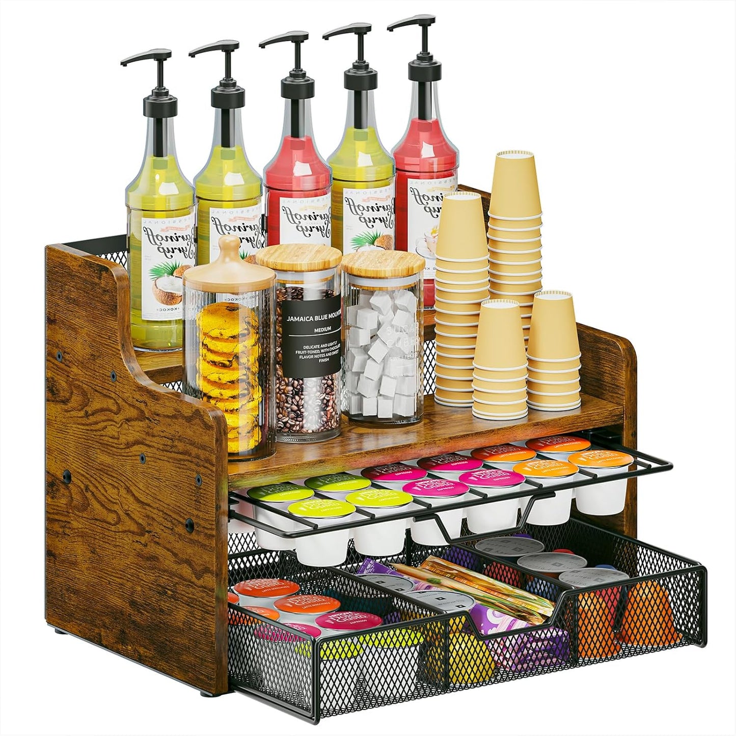 Coffee Pod Holder with Drawer & Dividers, 4-Tier Wood K Cup Organizer for Countertop, Coffee Bar Organizer Storage Box, Coffee Station Organizer for Kitchen Coffee Station
