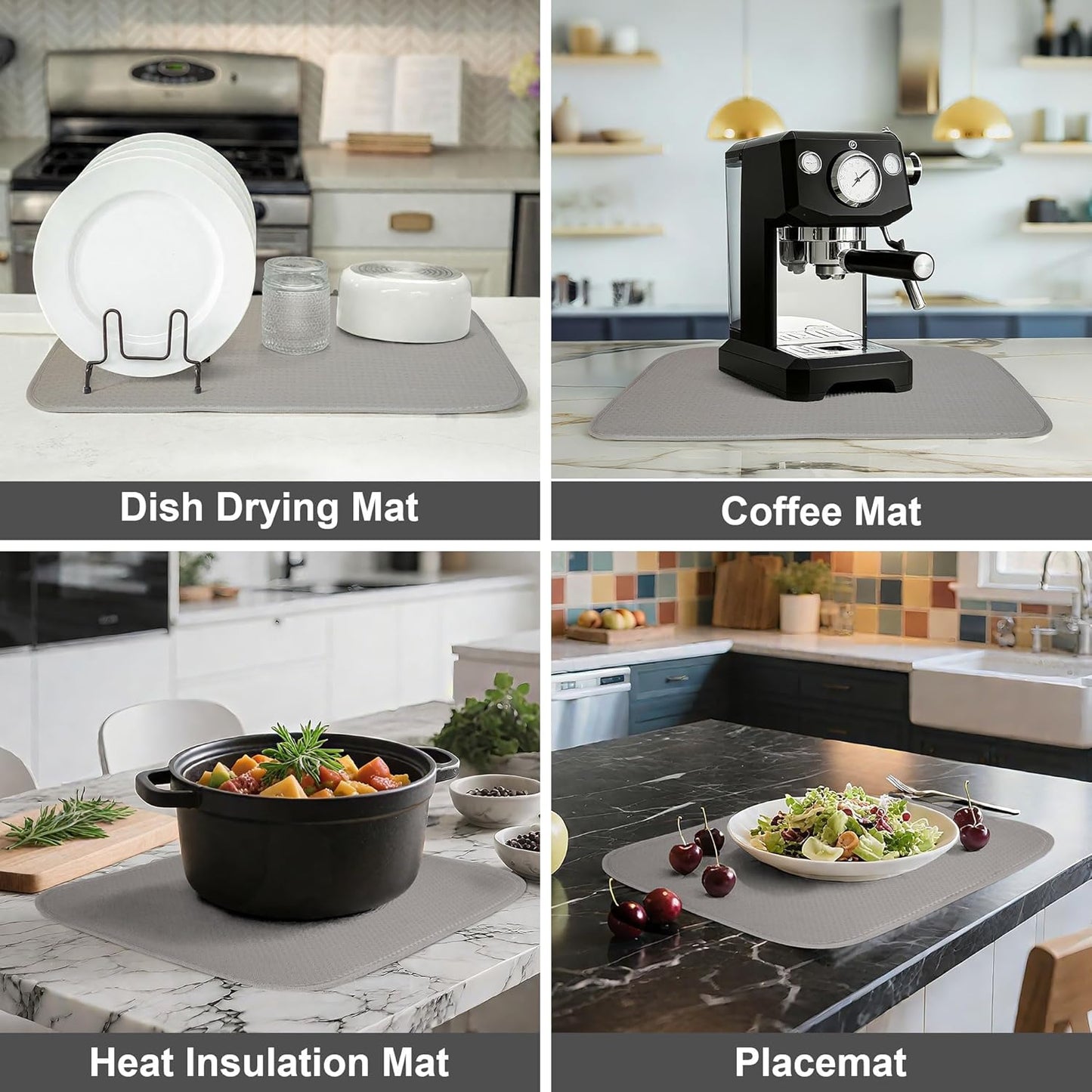 Light Gray Dish Drying Mats 17” x 24” – XXL Kitchen Drying Mat for Counter, Super Absorbent Microfiber Dish Rack Mat, Foldable Drying Pad for Dishes, Pots, Pans – Dish Drainer Mat