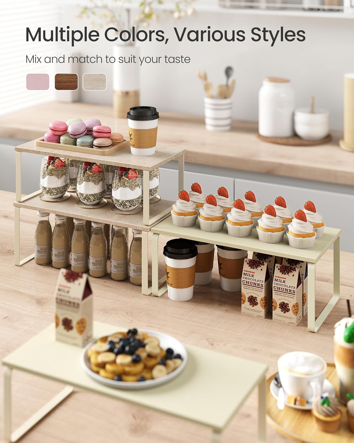 SONGMICS Cabinet Organizer Shelf, Set of 2 Kitchen Counter Shelves, Kitchen Storage, Spice Rack, Stackable, Expandable, Metal and Engineered Wood, Travertine Beige and Cream White UKCS025L01