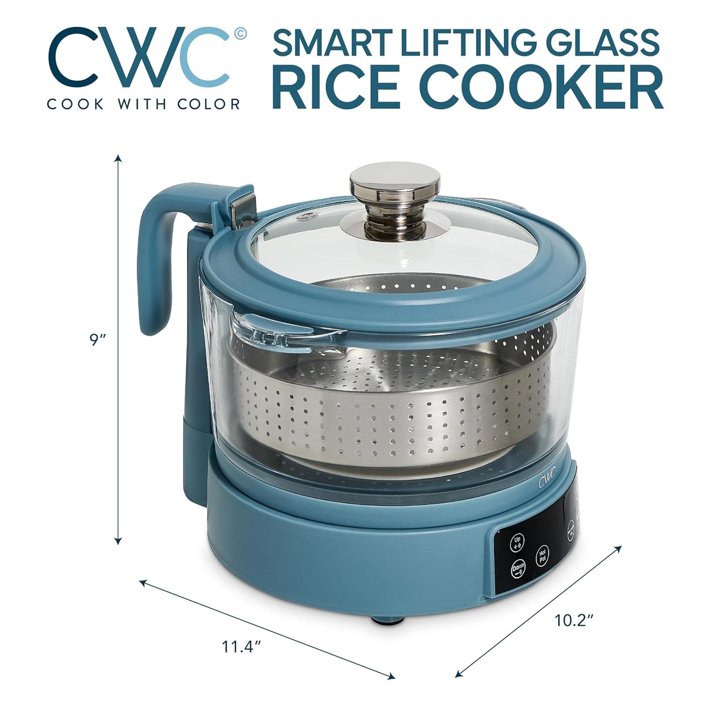 COOK WITH COLOR 3L Glass Low Carb Rice Cooker - Makes 6 Cups Cooked Low Sugar Rice with Auto Lift Filter Basket, Hotpot & Steamer for Rice, Grains and Oats, Digital Panel with Keep Warm, Slate Blue
