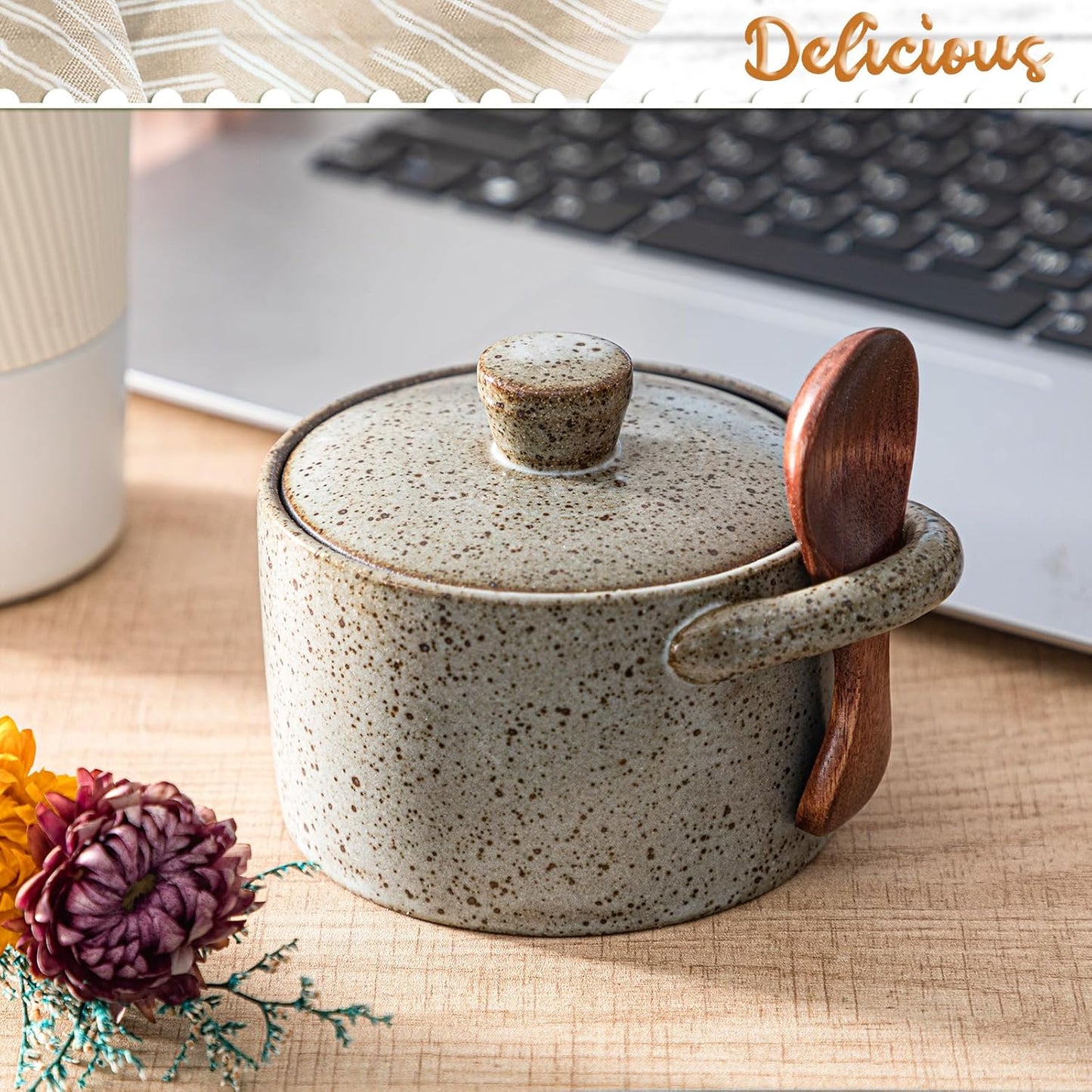 Honeydak Speckled Ceramic Salt Cellar with Lid and Wooden Spoon, Rustic Farmhouse Salt Pepper Cellar Holder for Housewarming Gift, Heavyweight Spices Jar for Kosher, Sea, Sugar