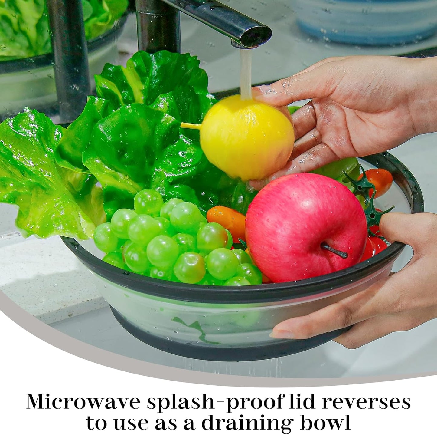 10.7 Inch Microwave Food Cover with Heat Insulation Mat, Anti-Scald Collapsible Microwave Splatter Cover, Multi-Functional as Colander & Fruit Plate, Dishwasher Safe, Ideal for Meal Prep (Transparent)