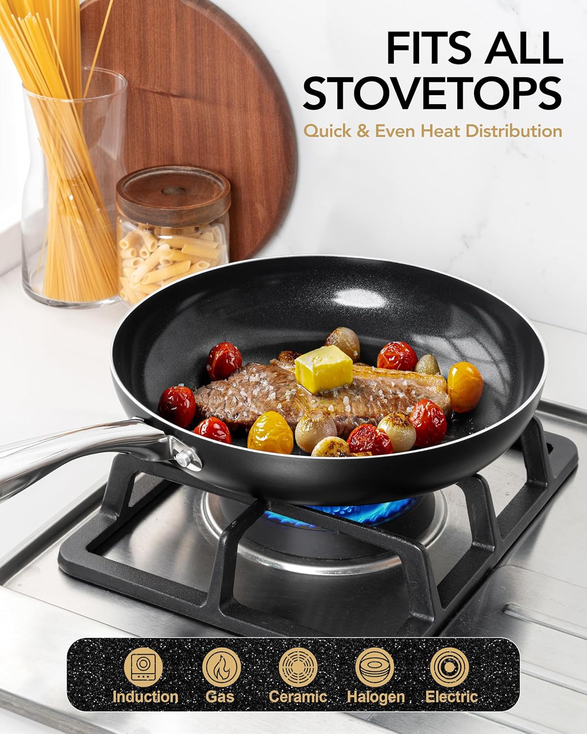 MICHELANGELO Small Frying Pan - 8 Inch Frying Pan Nonstick with Lid, Non-Toxic Ceramic Pans with Stainless Steel Handle, Nonstick Skillet, Black