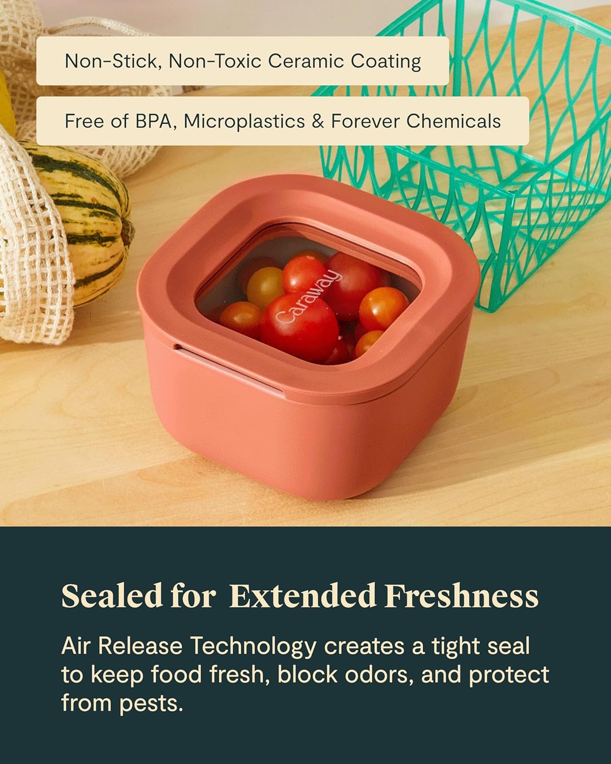 Caraway Mini Square Food Storage Container - 1.75 Cup Glass Storage Container for Food - Non-Toxic Ceramic-Coated Glass - Air Release Technology - Compact & Stackable Design - Sage