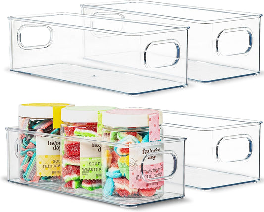 Plastic Food Storage 4 Pack Clear Container Bin with Handles for Organizing Kitchen, Pantry, Fridge, Freezer, Pantry,Bathroom. Stackable. 10"x4"3"