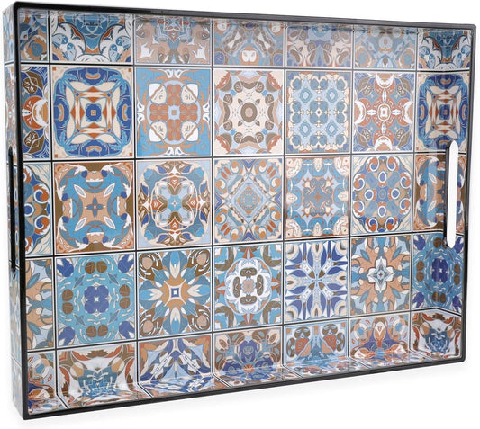 Spsyrine Serving Tray with Handles, Plastic Decorative Tray for Coffee Table, Living Room, Home Decor,Boho