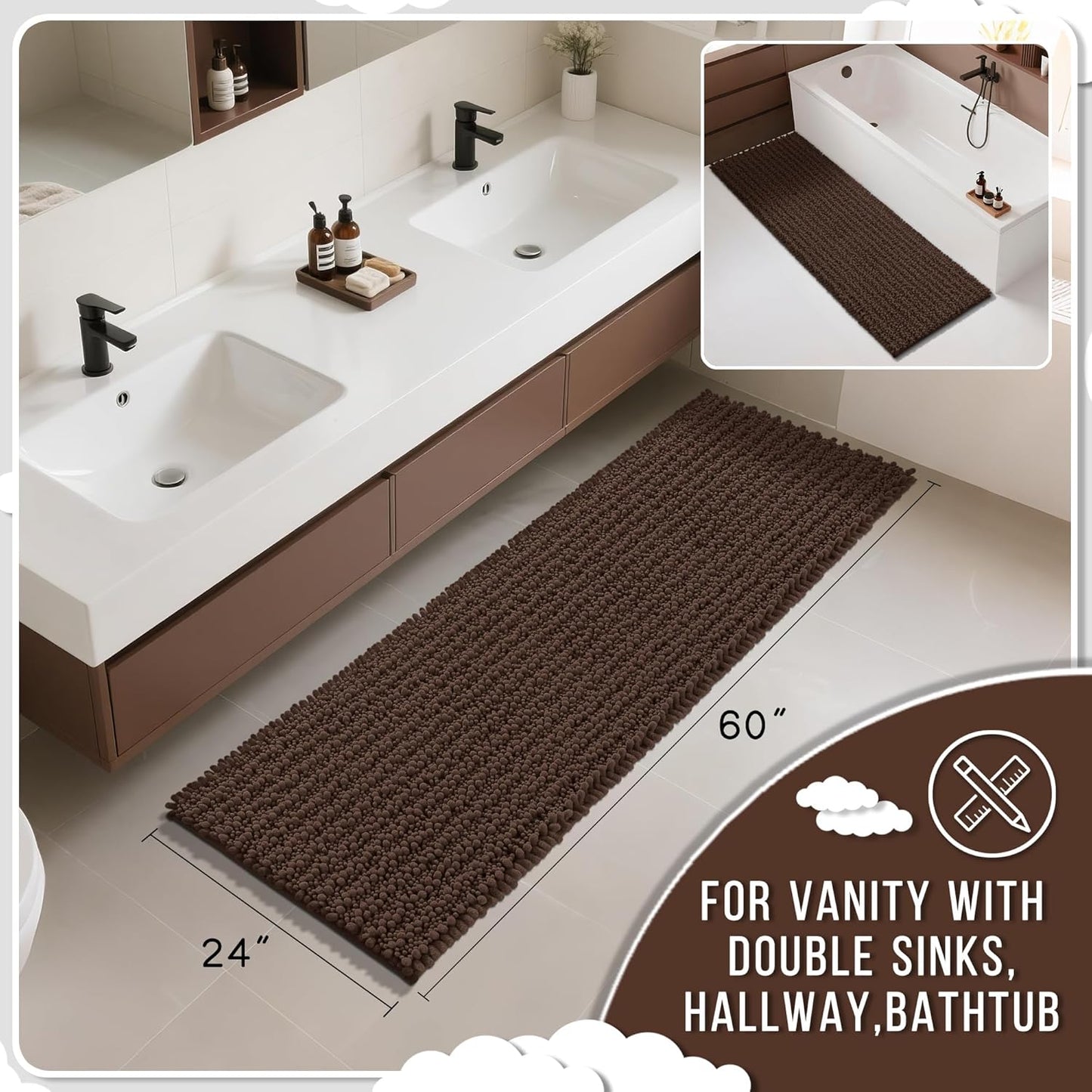 Yimobra Bathroom Runner Rug 60x24 Inch - Extra Long Non Slip Chenille Bath Mat, Soft & Absorbent, Machine Washable Shaggy Hallway Carpet for Vanity Tub Shower, Brown Home Decor Accessories