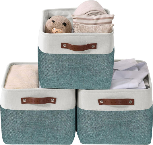 DECOMOMO Storage Baskets for Shelves - Fabric Storage Bins, Linen Closet Organizers and Storage (Green & White, XL - 3 Pack)