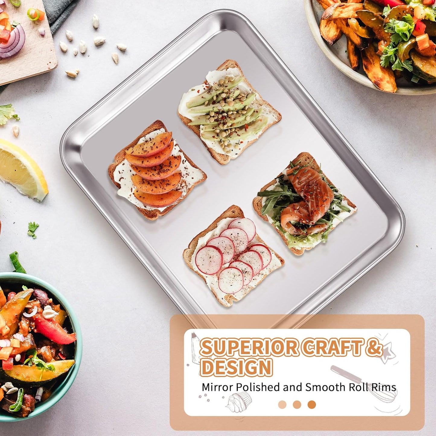 Stainless Steel Baking Sheet Set of 2, Deedro Cookie Sheet Metal Baking Pan Oven Tray, Non Toxic & Heavy Duty, Rust Free & Mirror Finish, Easy Clean & Dishwasher Safe, 10 x 8 x 1 Inch