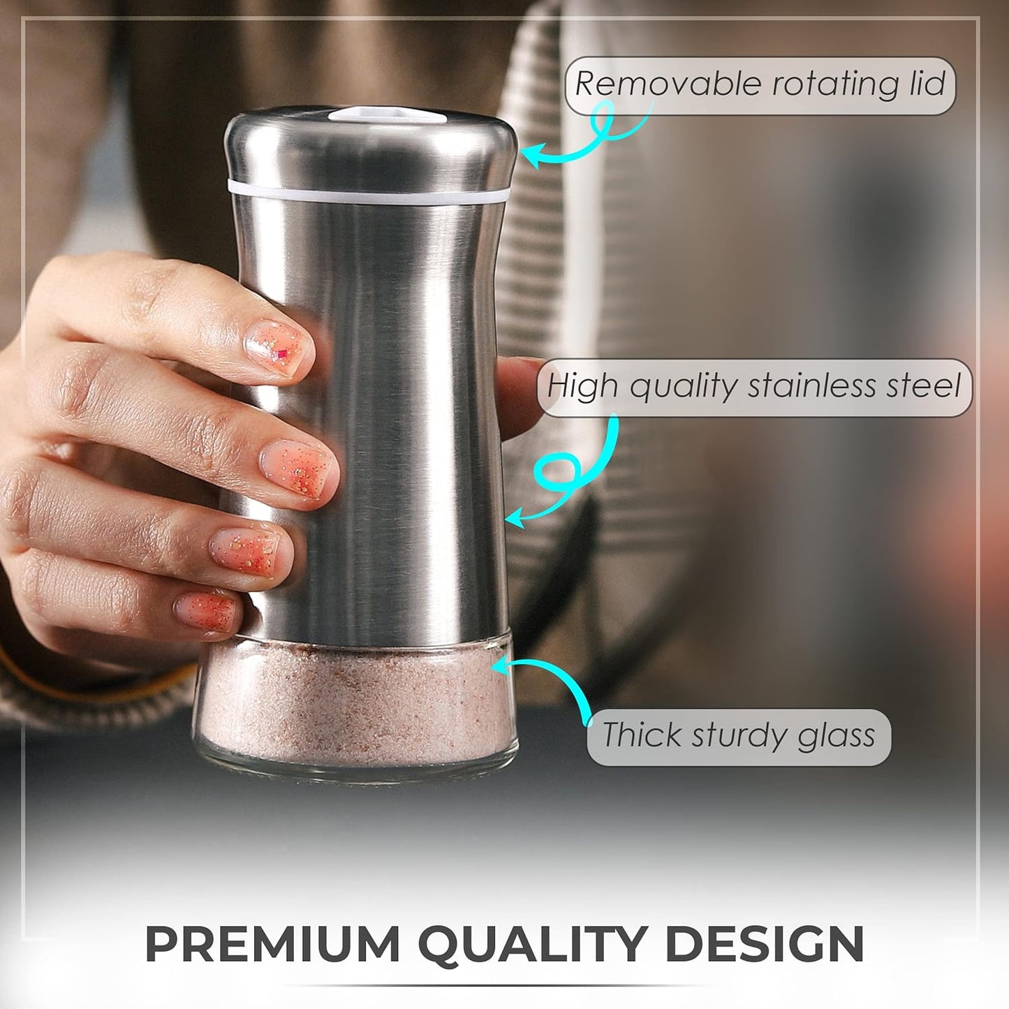 Salt Shaker or Pepper Shaker with Adjustable Pour Holes - Elegant Stainless Steel Spice Dispenser - Perfect for Himalayan, Table Salt, White and Black Pepper (Salt Shaker)