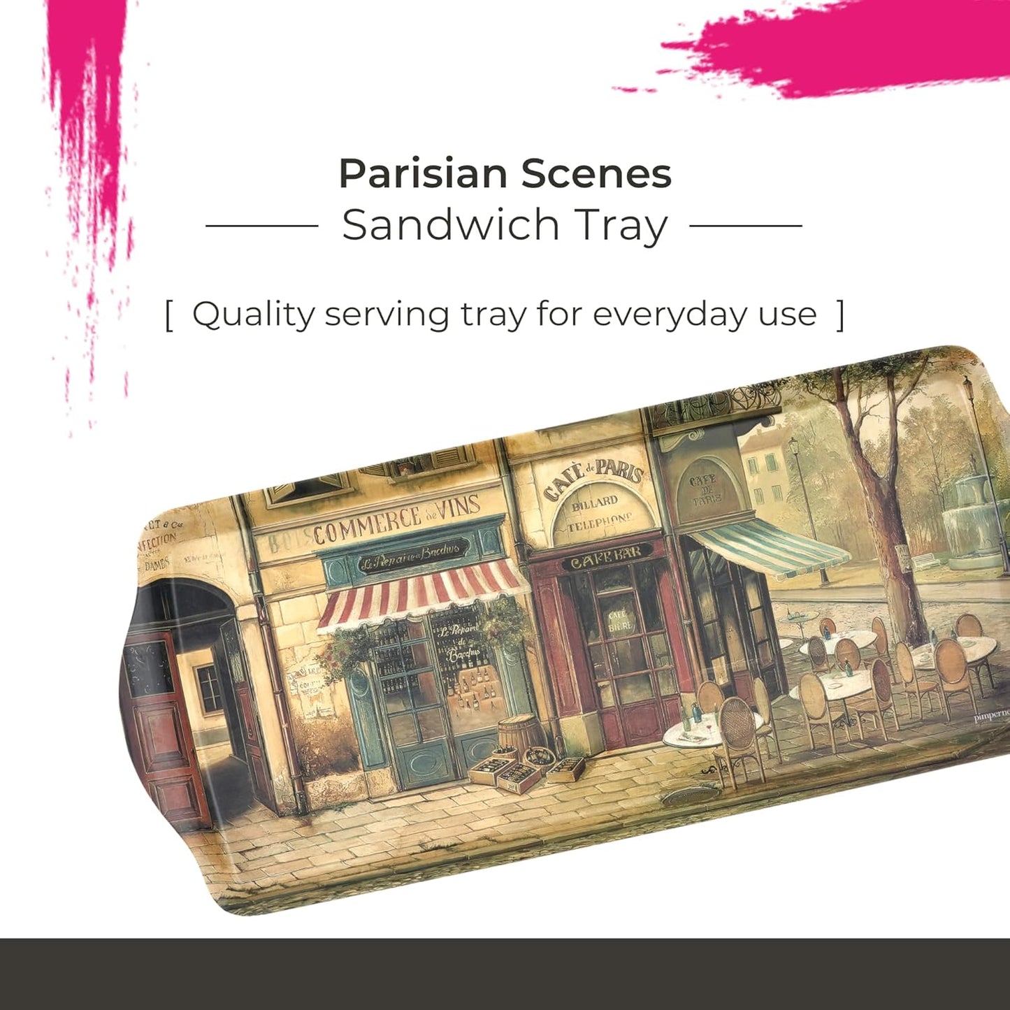 Pimpernel Parisian Scenes Rectangular Hostess Tray - 15.1" x 6.5" Melamine Snack Platter with French Street Illustration - Dishwasher-Safe Decorative Kitchen Accent for Serving