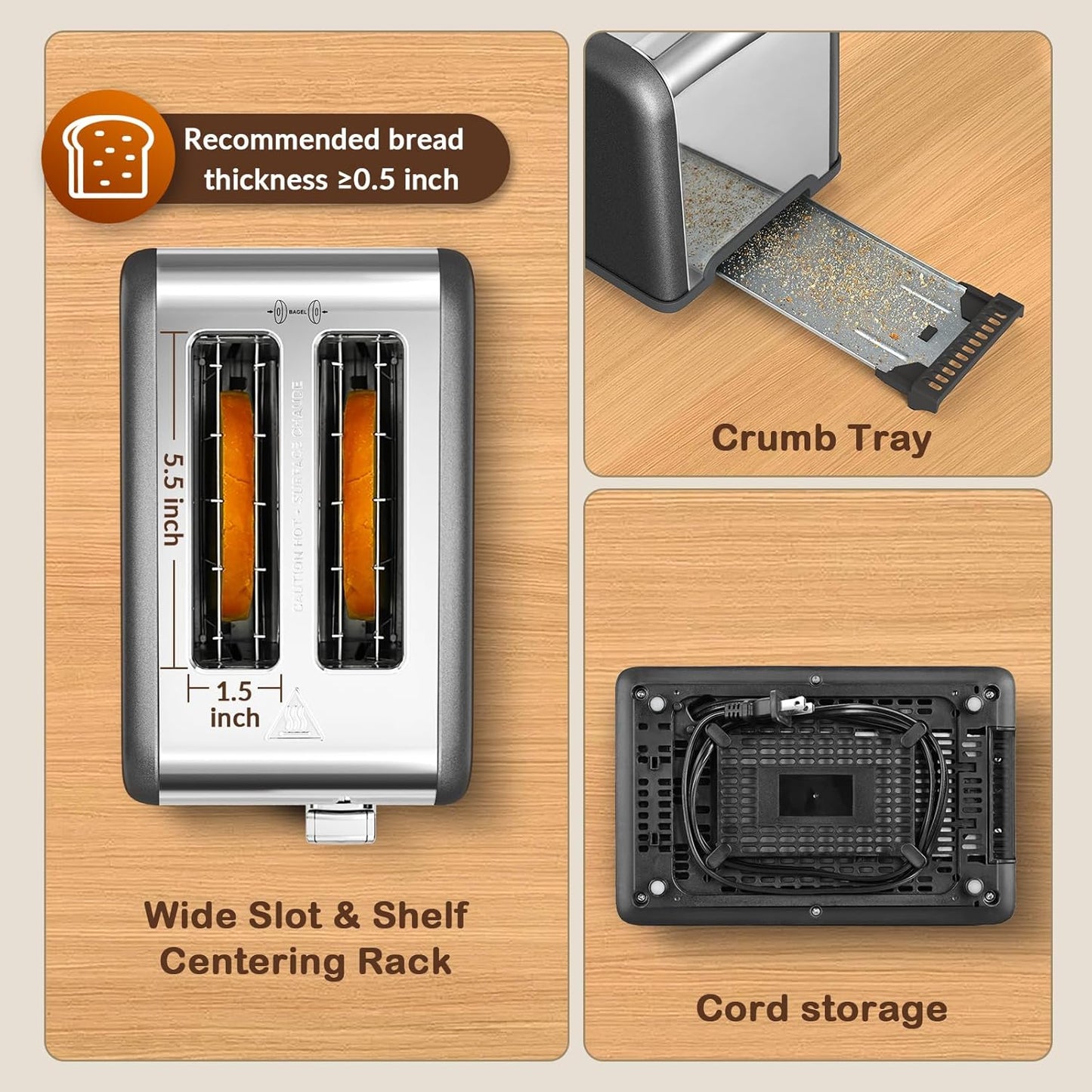 Mecity 2 Slice Touch Screen Toaster, 1.5" Wide Slot, Stainless Steel Smart Toaster for Bagels, Muffins, Waffles, Gluten-Free Breads, Defrost, Reheat, Timer, 120V 825W, Pearl Grey