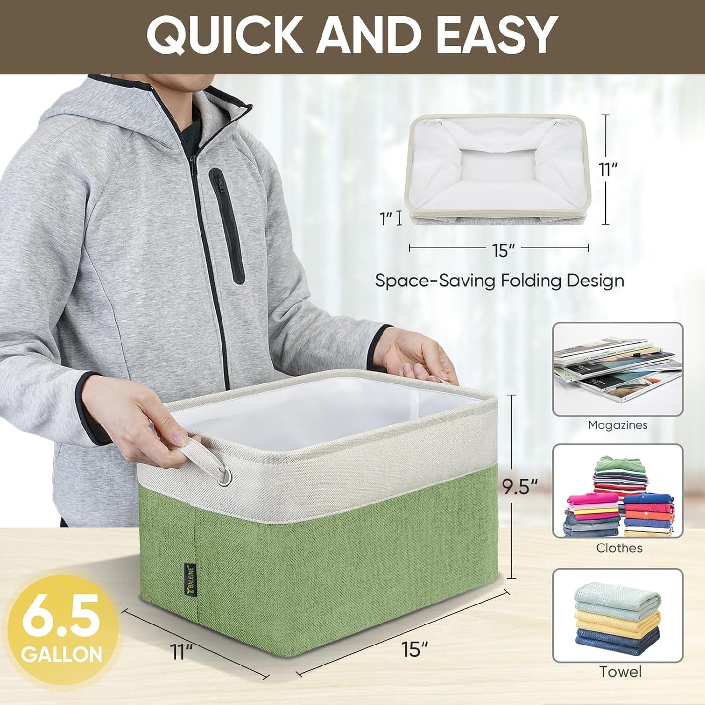 BALEINE 2 Pack Fabric Storage Bins for Shelves, Linen Storage Baskets for Organizing, Decorative Closet Bins for Clothes, Home (Green, 15''x11''x9.5'')