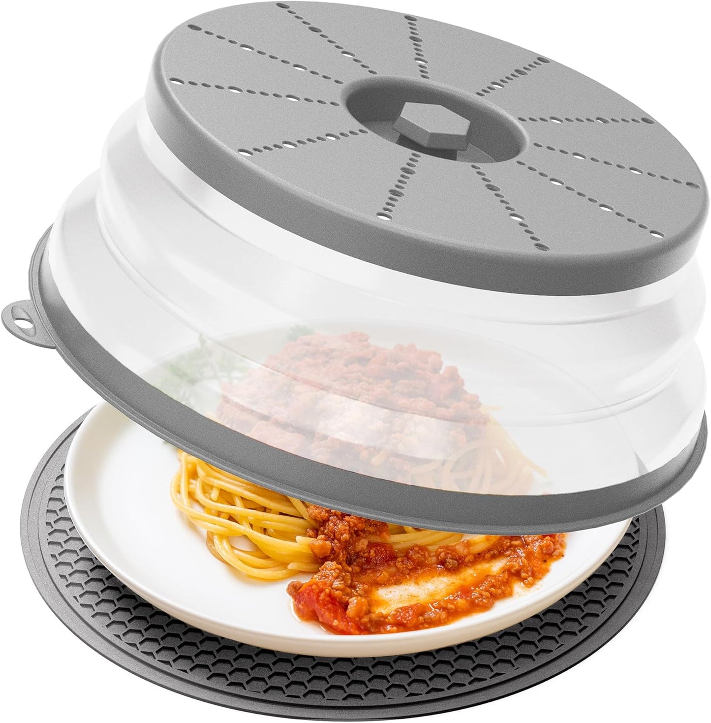 WVM Microwave Splatter Cover & Mat, Vented Collapsible Splatter Guard dish Plate lid & Silicone Round Kitchen Mat for Food, Meal Prep, Grey