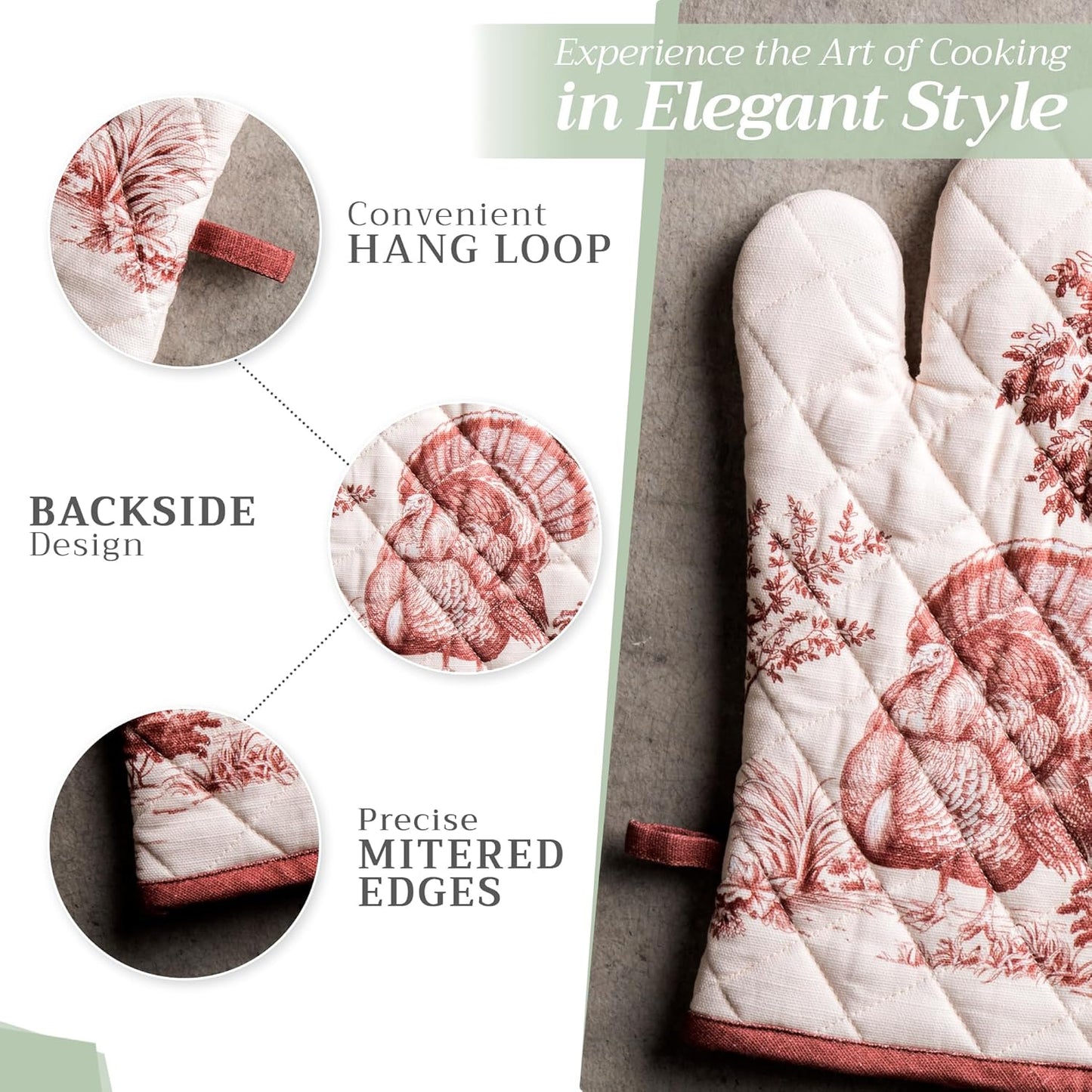 Maison d' Hermine 100% Cotton Oven Mitt & Pot Holder Set (7.5"x13" & 8"x8") Heat Resistant BBQ Cooking Gloves with Loop, Baking, Grilling, Kitchen, Handling Hot Pans (Holy Jouy - Brown)