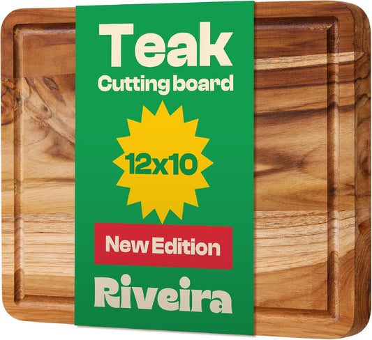 Riveira Teak Wood Cutting Board – Gourmet Teak Grandeur: 12 x 10 Wooden Cutting Board – Natural Wooden Cutting Boards For Kitchen Decorative – Innovative Juice Grooves Teak Wooden Chopping Board