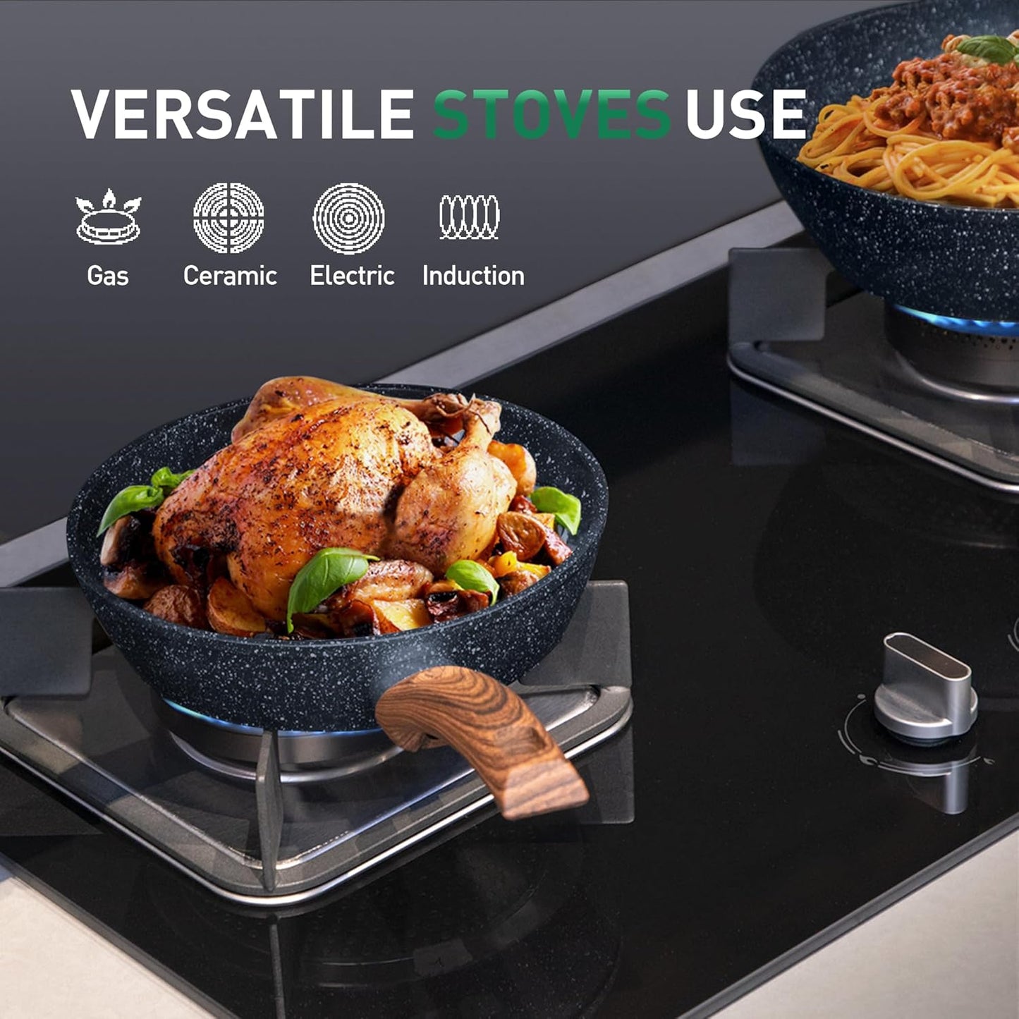 Kitchen Academy Pots and Pans Set Non Stick - 12 Piece Induction Kitchen Cookware Sets, Blue Granite Nonstick Cooking Pans Set