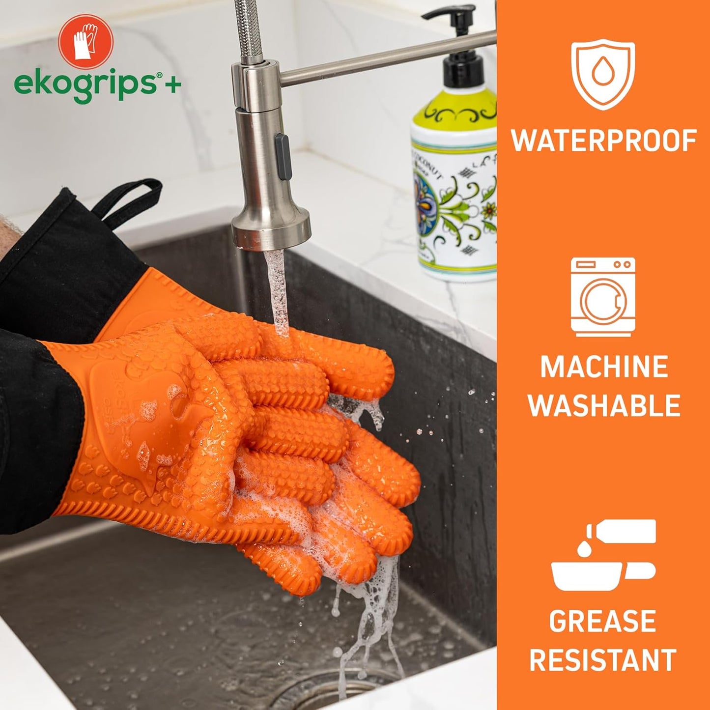 Ekogrips+ Premium Silicone Oven Mitts - Comfy, Waterproof, Heat Resistant BBQ Gloves for Grilling, Long Cuff for Added Protection, 5 Finger Dexterity, 3 Sizes, 4 Colors, S/M, Red