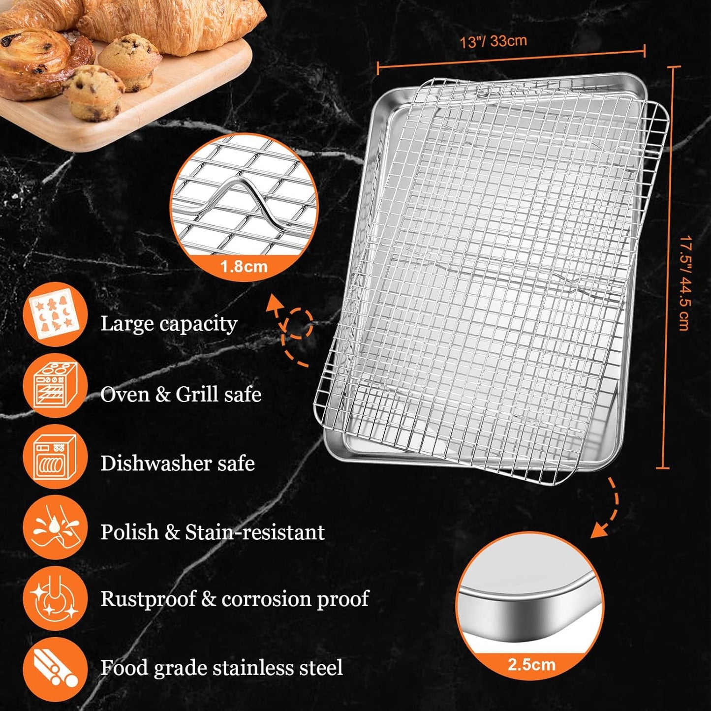 Half Sheet Baking Pan & Wire Rack, Leonyo 17.5" x 13" Large Stainless Steel Cookie Sheets with Cooling Rack Set, Nonstick & Oven Safe Commercial Baking Tray Pans - 4 Pack