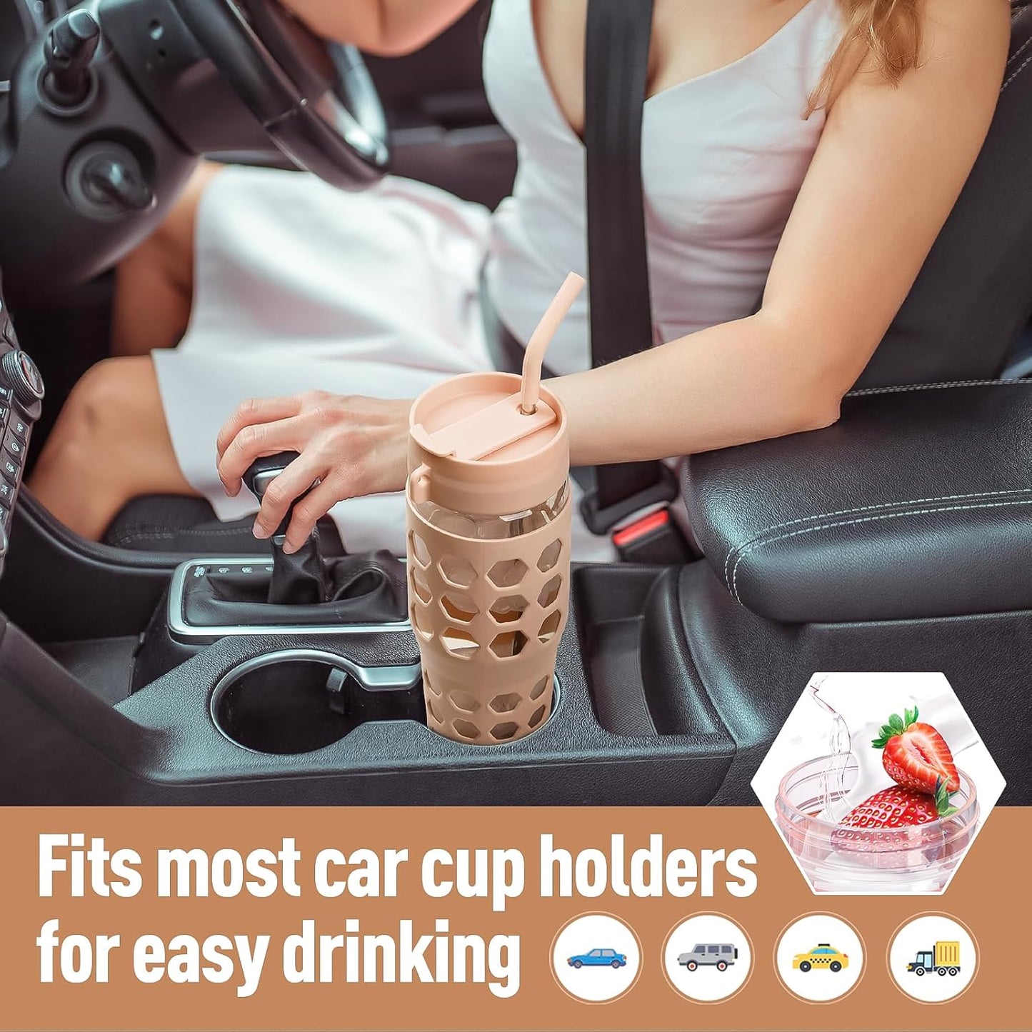 MUKOKO 32 oz Glass Tumbler with Straw,Glass Water Bottles with Time Marker,Iced Coffee Cup with 2 Lids-Handle Spout Lid&Straw Lid,Silicone Sleeve,Leakproof,1 Pack-Amber