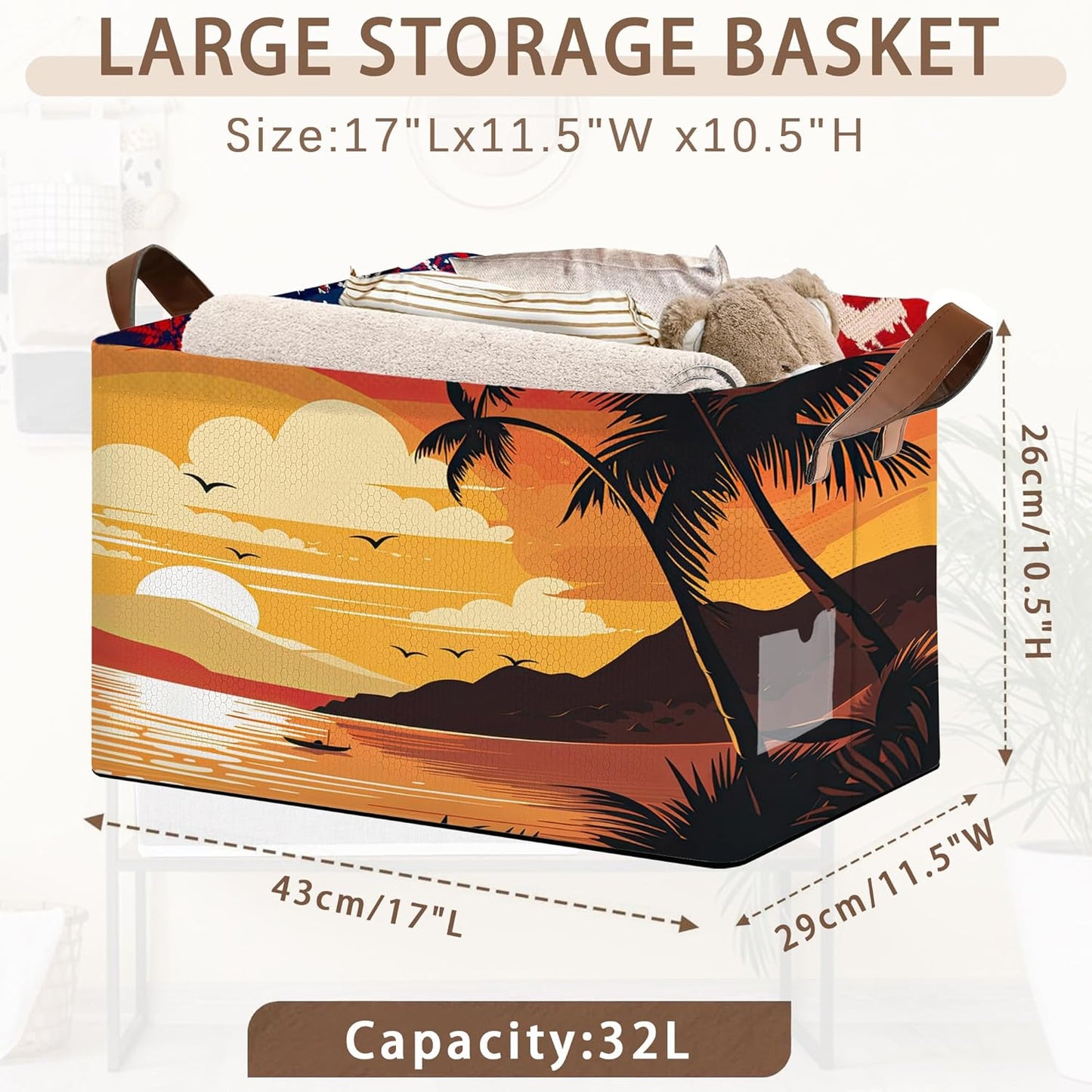 Foldable Collapsible Storage Bin with Summer Sunset Design-17x11.5x10.5 Inch Organizer Basket for Beach Decor, Home Storage-Single Pack, No Lid Space-Saving Box