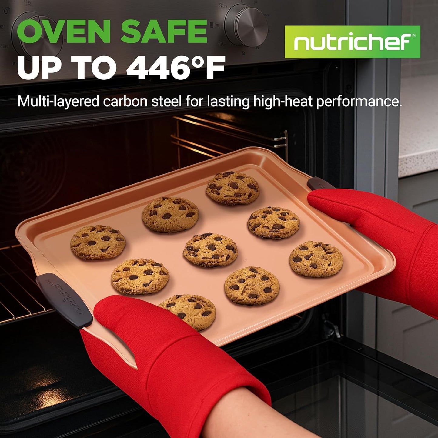 NutriChef 3 Piece Baking Pan Set - PFOA, PFOS, PTFE Free Flexible Nonstick Carbon Steel Bakeware Set - Home Kitchen Bake Pan Cookie Sheet Stackable Baking Tray Set w/Black Silicone Handles NCSBS3S45