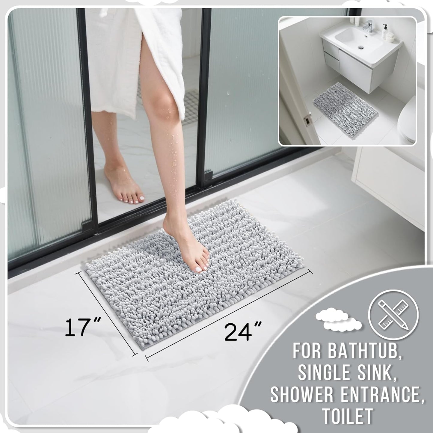 Yimobra Bathroom Rugs Non Slip Washable 24x17 Inch - Ultra Soft Absorbent Chenille Bath Mat, Quick Dry Shaggy Floor Carpet for Tub Shower, Silver Home Decor Accessories