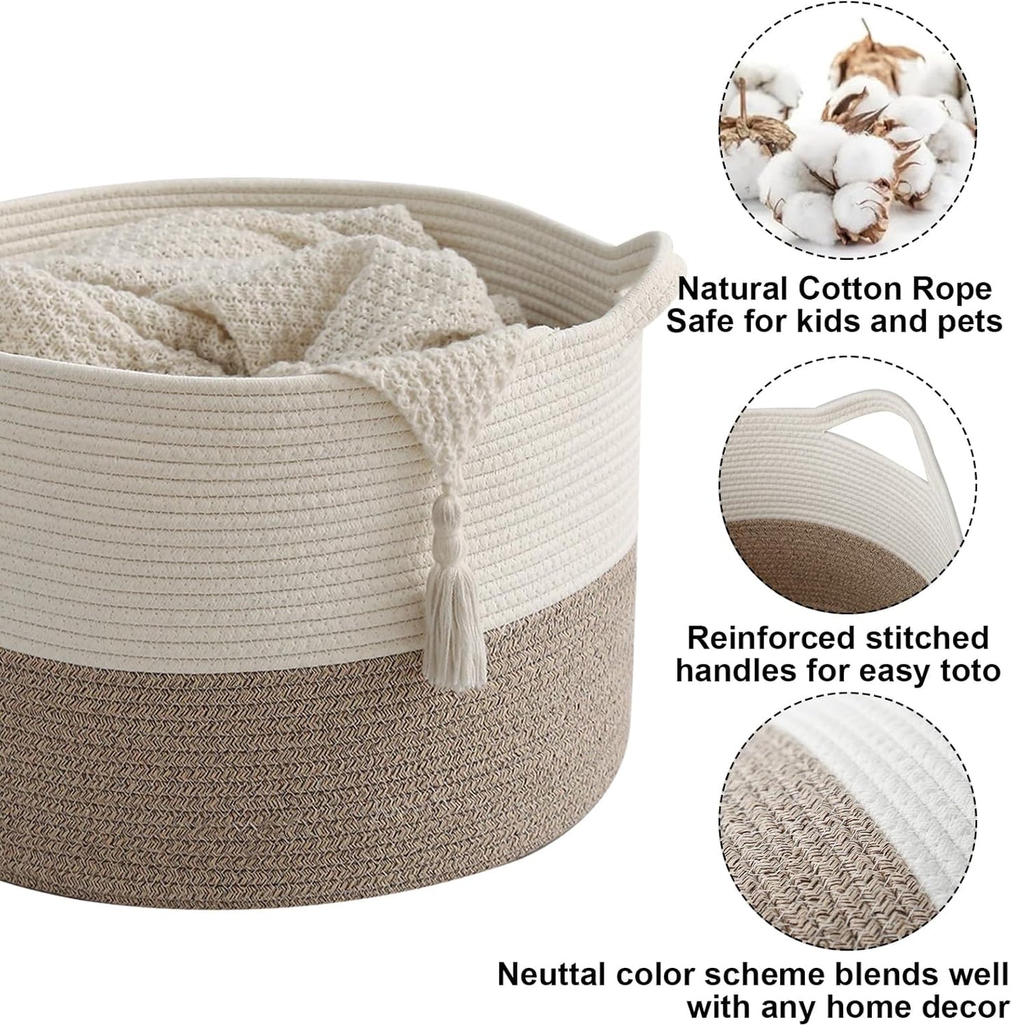 Large Blanket Basket for Organizing,65L Closet Organizers and Storage Bins Box for Shelves Woven Rope Storage Baskets,Living Room,Bedroom,Dorm,Laundry room (White&Brown)
