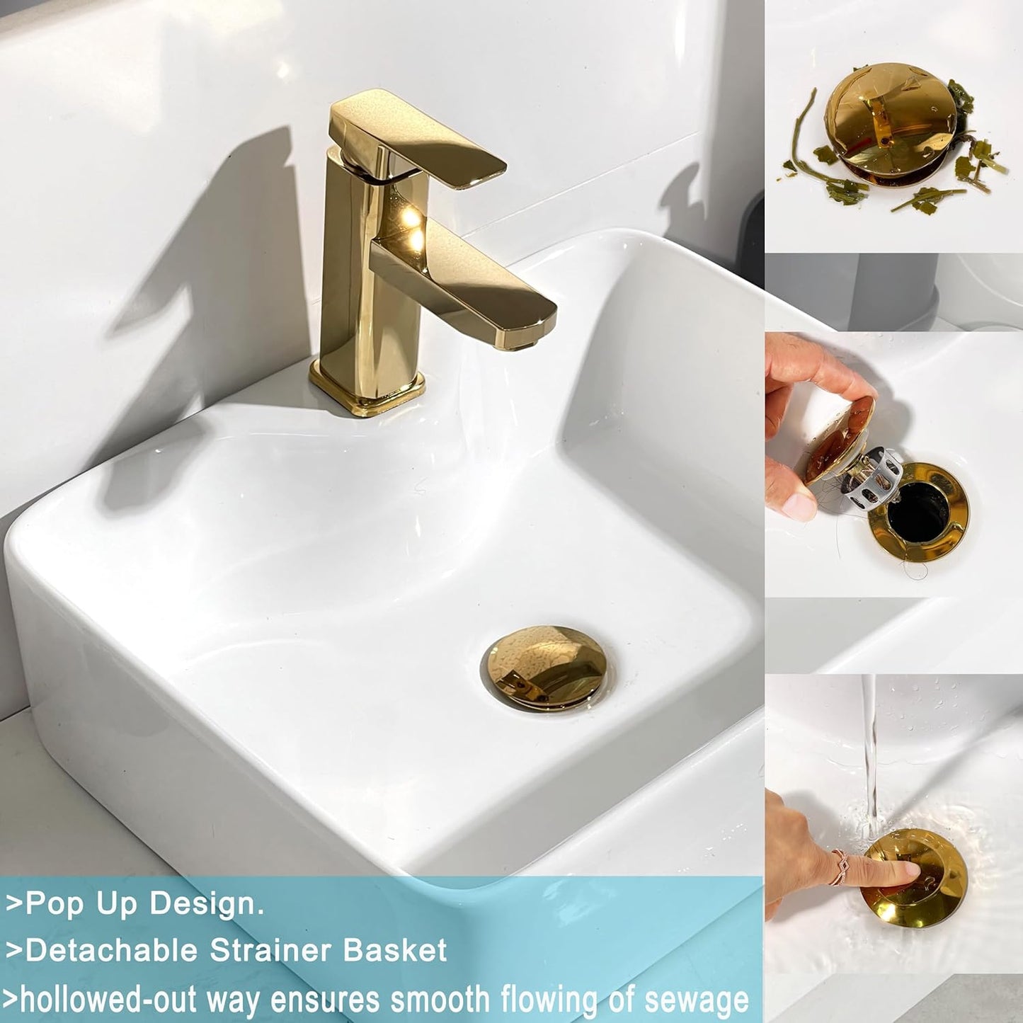 Bathroom Sink Drain, 2 Pack Gold Drain Stopper Bathroom Sink Without Overflow, Pop Up Drain Assembly with Detachable Strainer Basket, Built-in Anti-Clogging Strainer,Stainless Steel