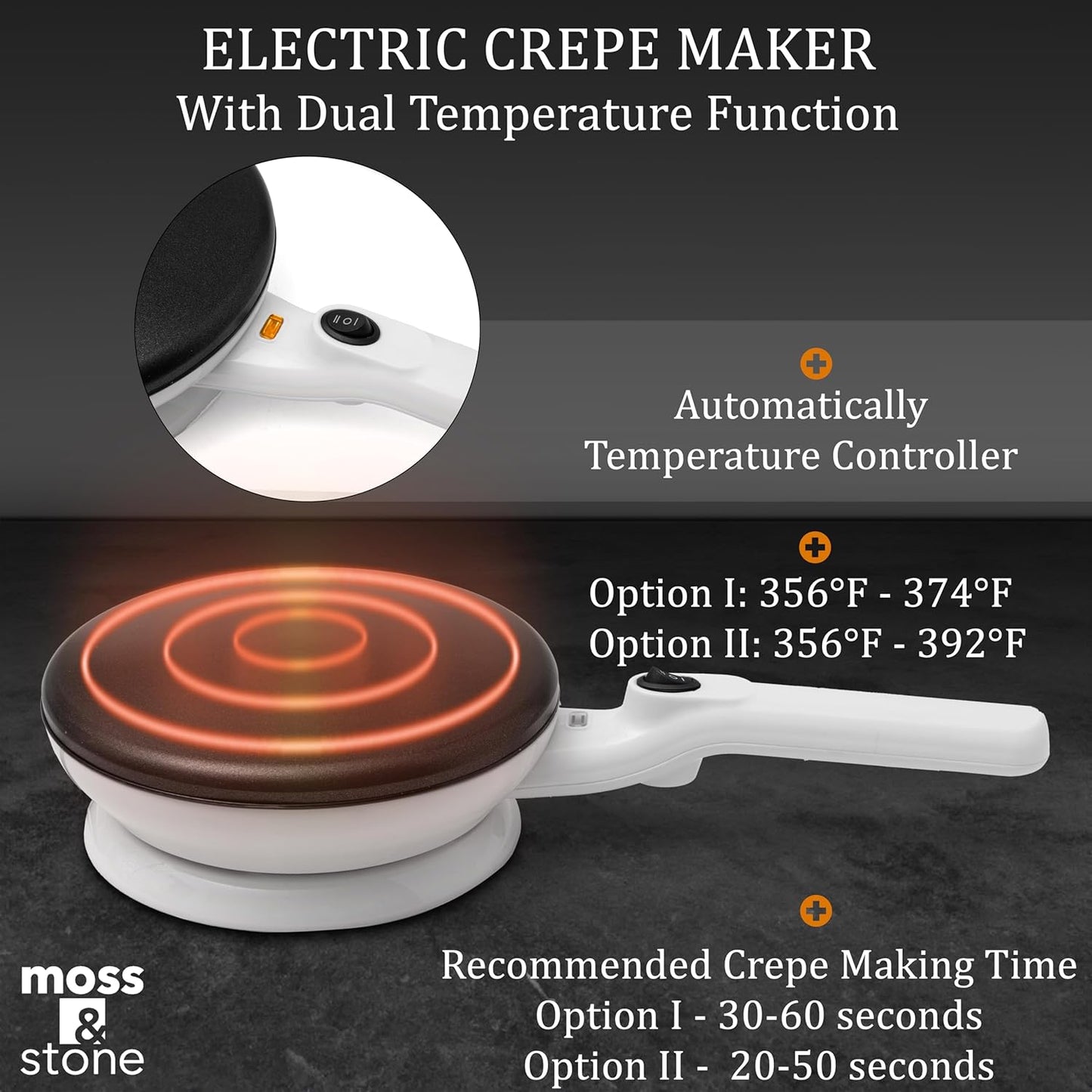 Moss & Stone Cordless Electric Crepe Maker With Auto Power Off, On/Off Switch & Dual Temperature Setting, 8 Inch Portable Crepe Maker & Non-Stick Dipping Plate, Nonstick Ceramic Coating Pan
