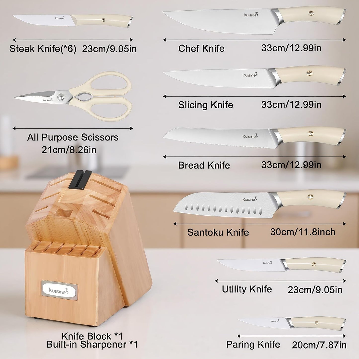 KUISINE Knife Set High Carbon Stainless Steel Super Sharp Blade Ergonomic Rivet Handle,Knife Block Set with Built-in Sharpener(Ivory Acacia Pro 15PCS)