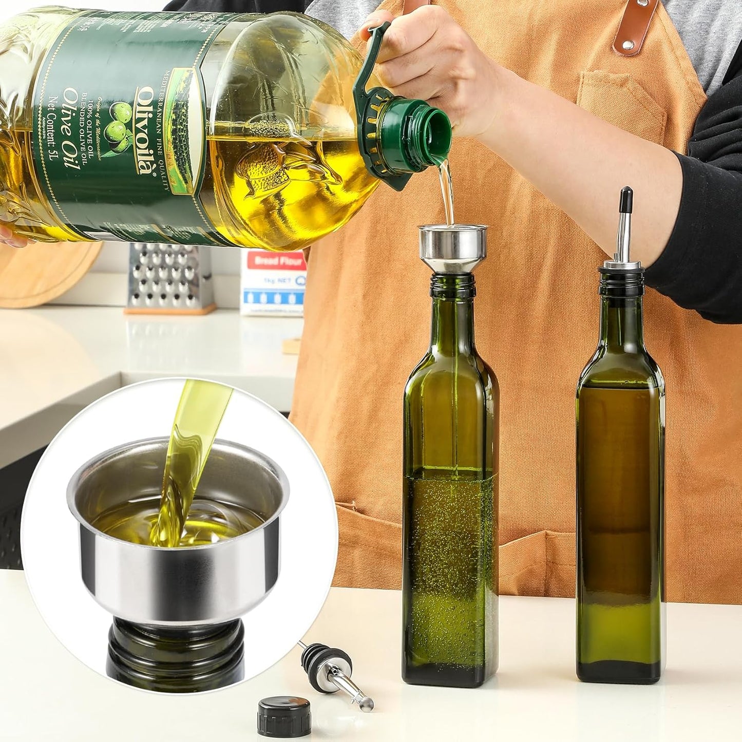 AOZITA 17oz Glass Olive Oil Bottle Dispenser - 500ml Green Oil and Vinegar Cruet with Pourers and Funnel - Olive Oil Carafe Decanter for Kitchen