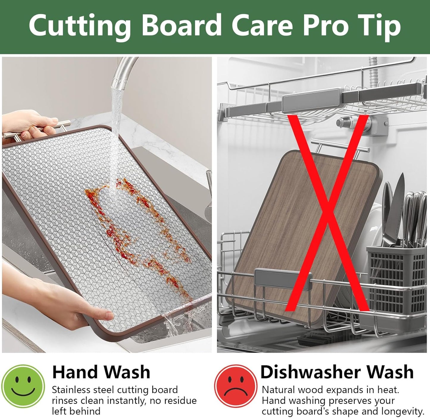 Stainless Steel Cutting Board Wood Double Sided Chopping Cutting Boards for Kitchen - 2 in 1 Ebony Metal with Handle Scratch Resistant Raw Meat Vegetable Fruit Cooking Gift 16.3''×10.4''×1''(Upgraded)