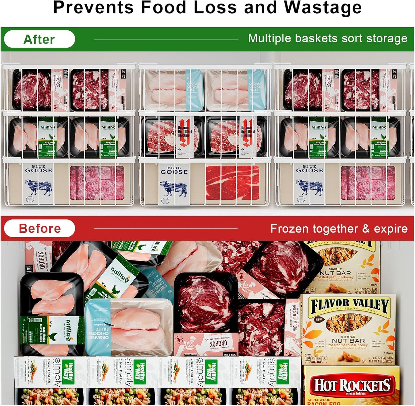 Freezer Storage Organize Baskets - 4 Pack Stackable Deep Freezer Organizer Bins for Most 7 Cu.FT Chest Freezer with Handles, Sturdy but Light, Metal Coated, Add Space, Easy to Reach