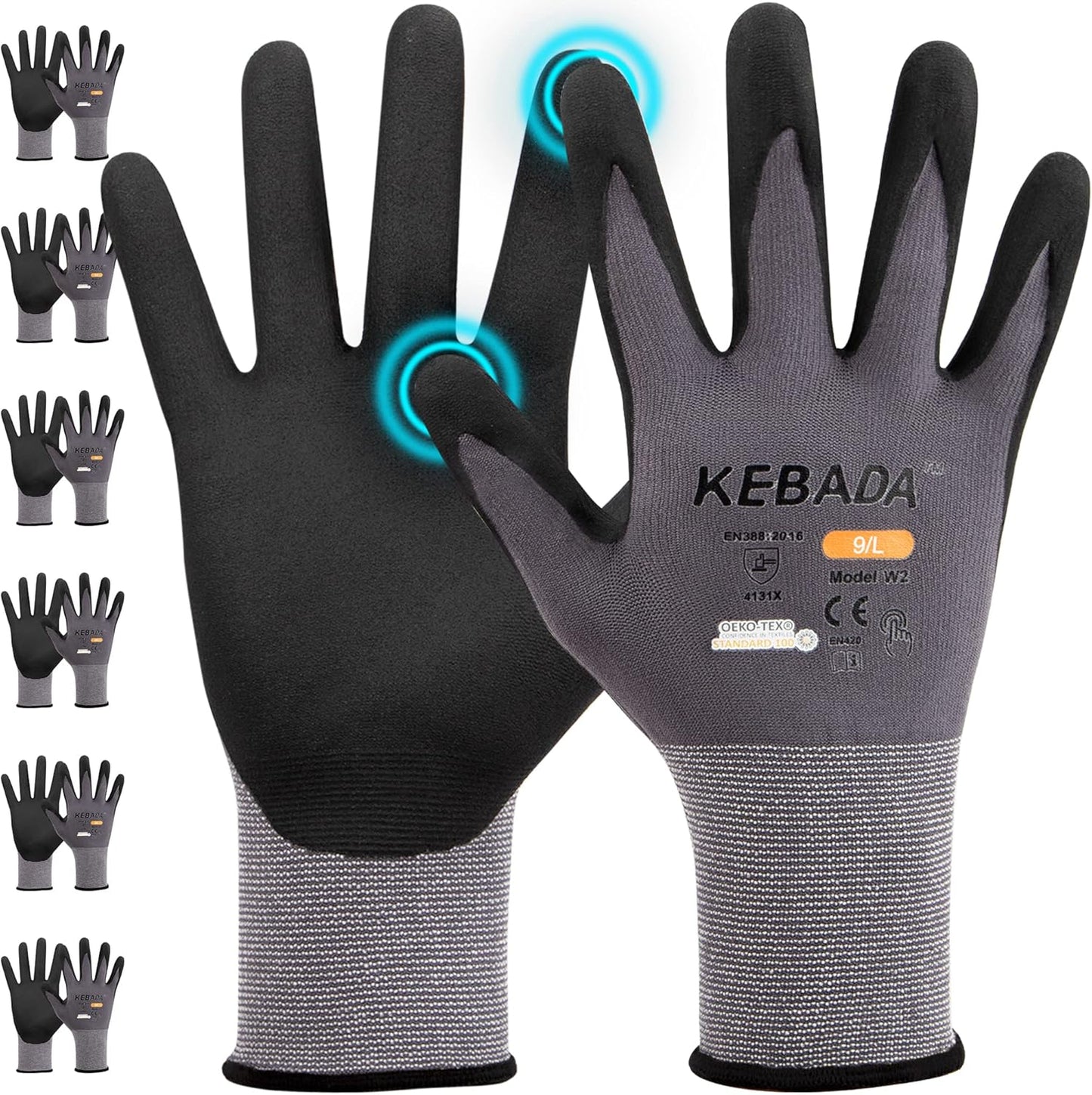 Kebada W2 Work Gloves for Men and Women, Nitrile Coated Working Gloves for Gardening, Construction, Warehouse, Safety Gloves for Work in Yard and Outdoors, 6 Pairs, XXL