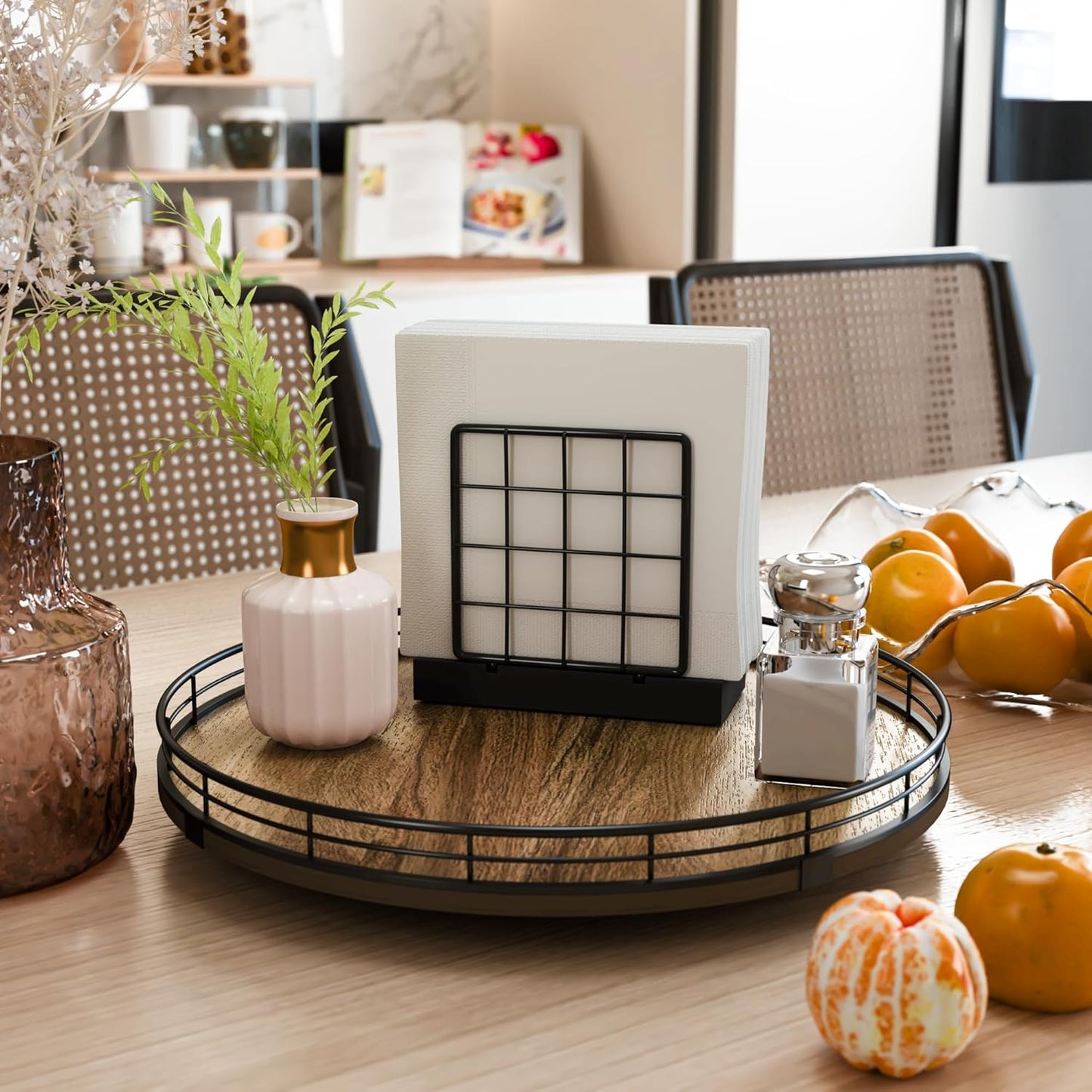 Acacia Wood 13" Lazy Susan Turntable Organizer for Table Top, Farmhouse Round Wooden Lazy Susan for Cabinet Kitchen Centerpieces Coffee Table, for Condiments Spices, Bathroom Vanity Tray Decor