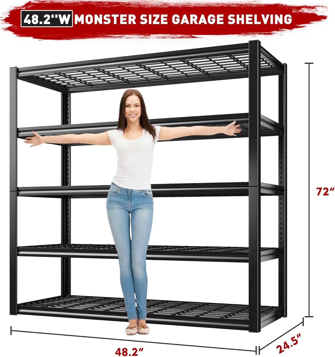 REIBII Garage Shelving, 48.2'' W Metal Shelving, 3010LBS Storage Shelves Heavy Duty, 5 Tier Adjustable Heavy Duty Shelving Unit for Warehouse, Garage, Basement, 48.2" W x 24.1" D x 72" H